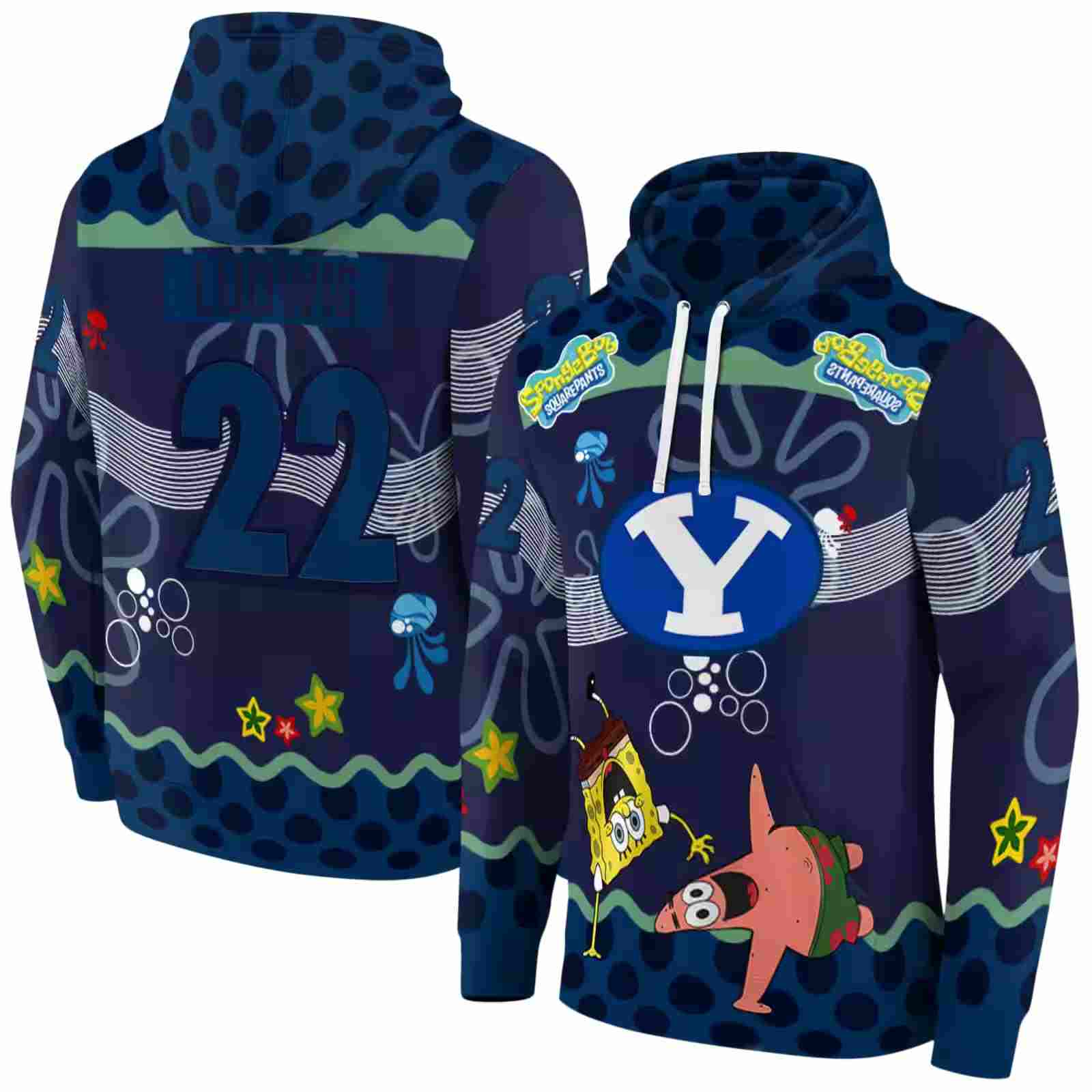 custom byu cougars spongebob patrick star blue navy hoodie fashion forward