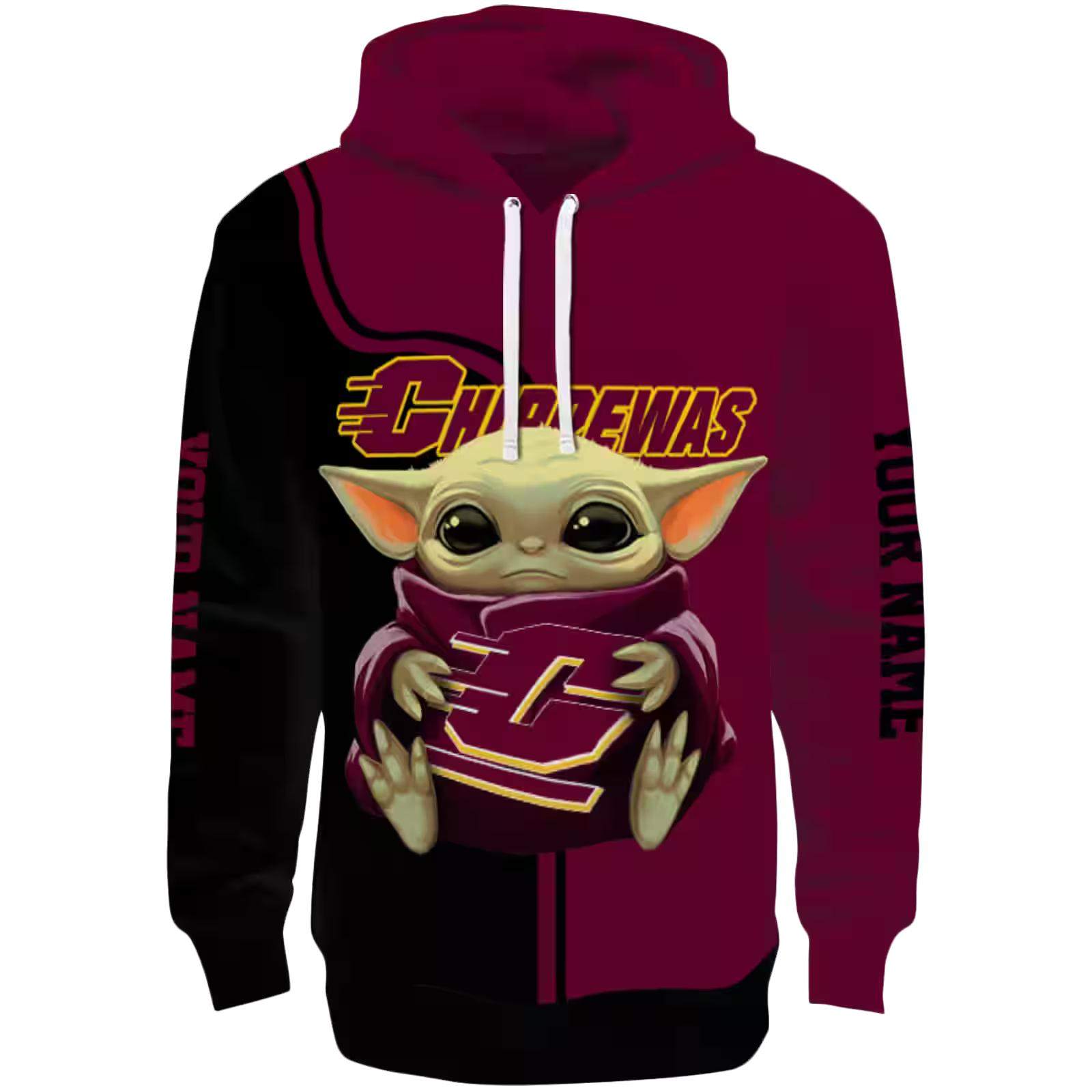 Custom Central Michigan Chippewas Baby Yoda Maroon Black Hoodie