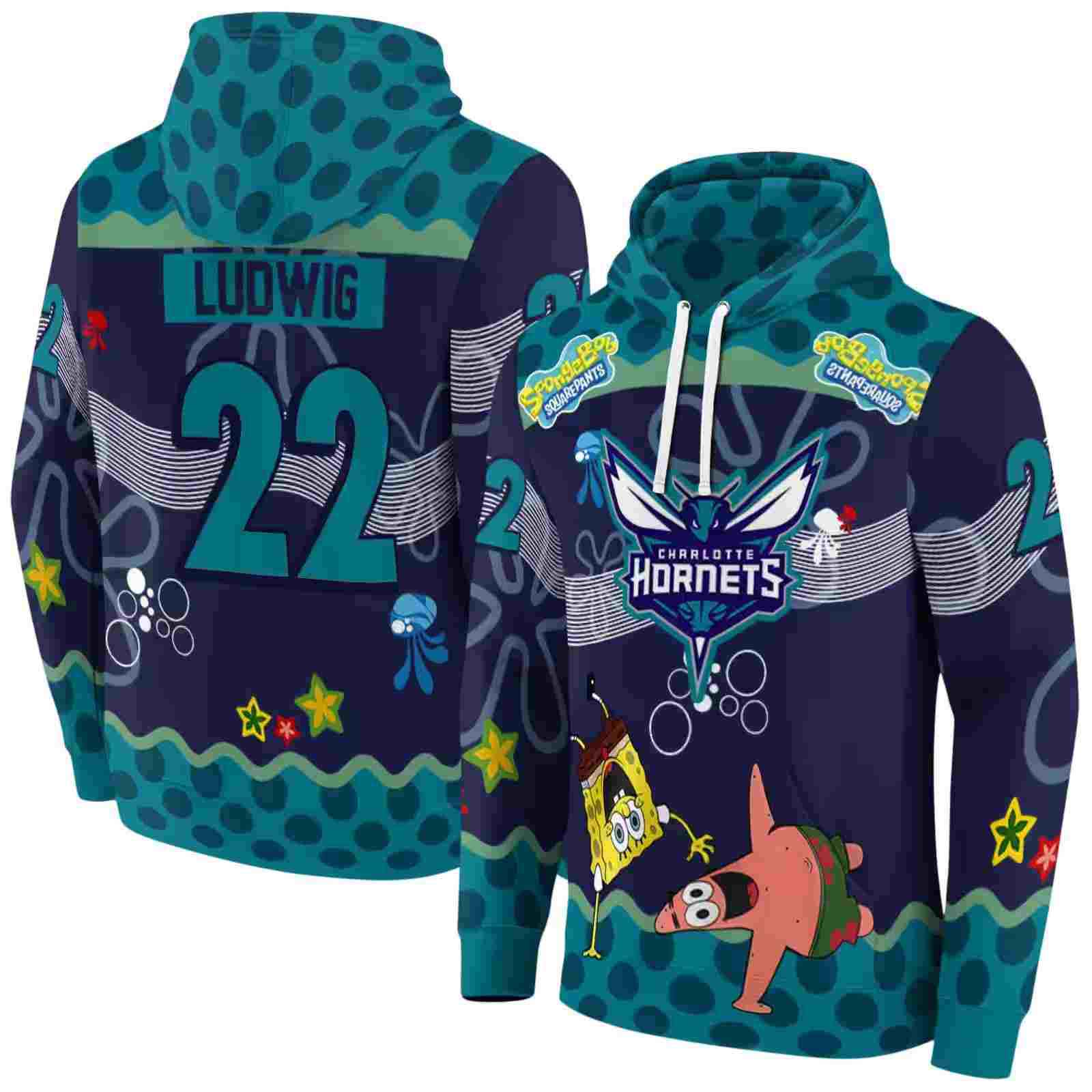 custom charlotte hornets spongebob patrick star teal navy hoodie fashion forward