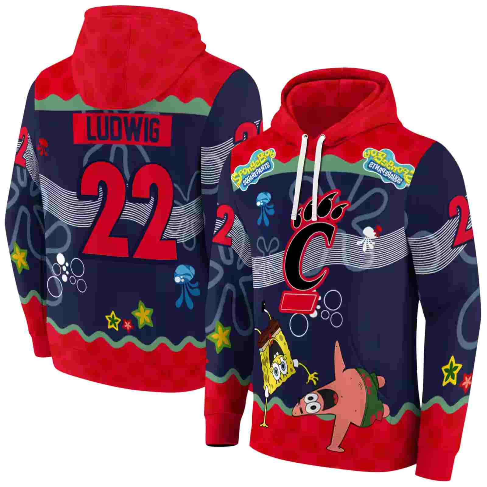 custom cincinnati bearcats spongebob patrick star red navy hoodie fashion forward