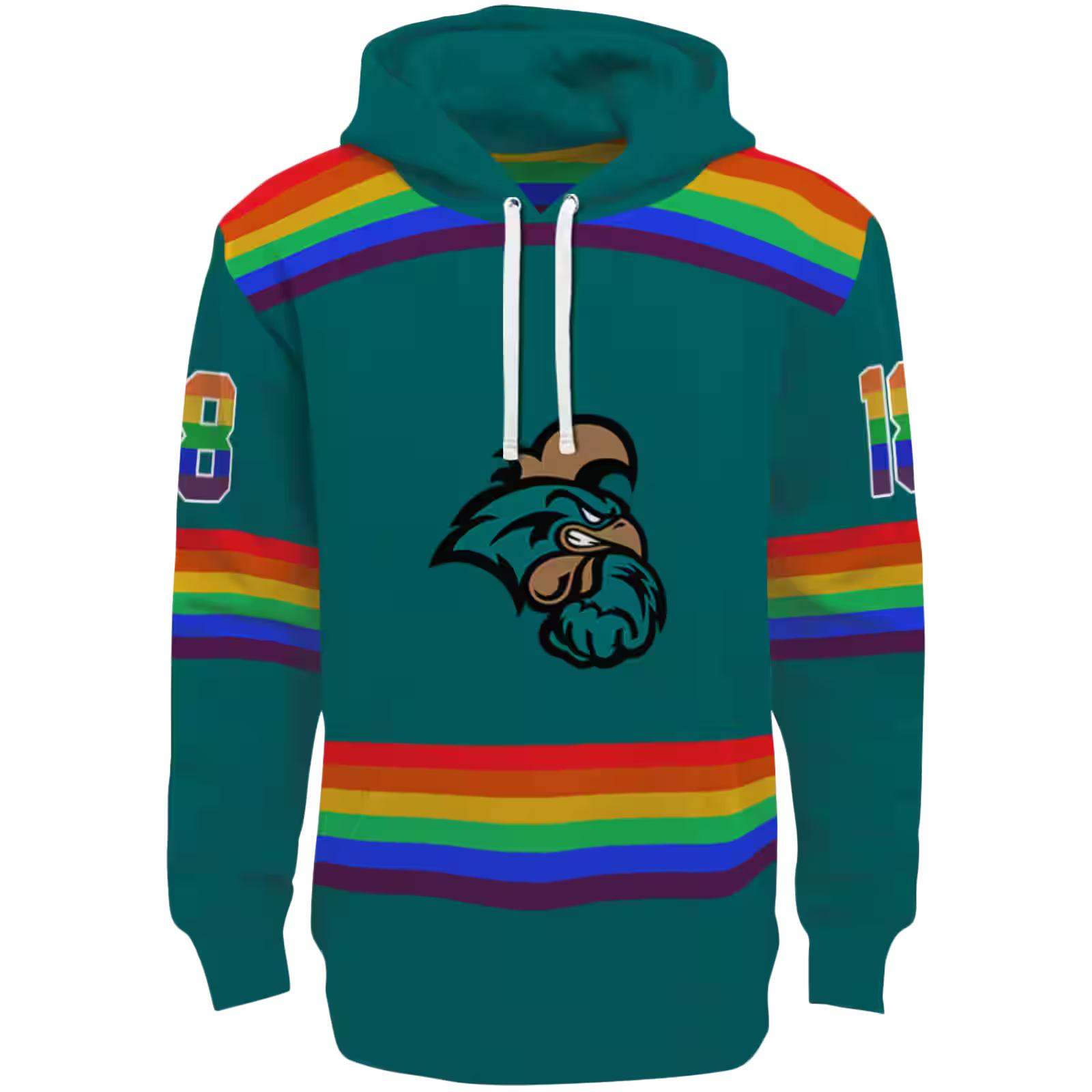 Custom Coastal Carolina Chanticleers Rainbow Stripes Green Hoodie