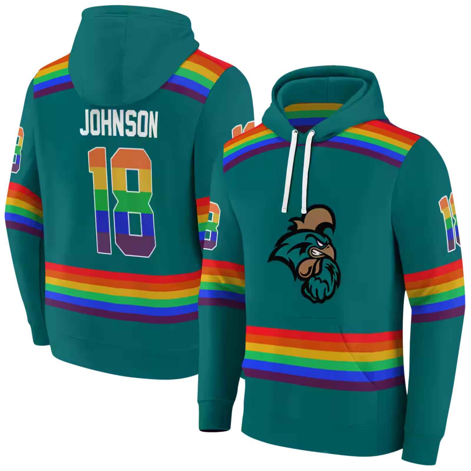 custom coastal carolina chanticleers rainbow stripes green hoodie fashion forward