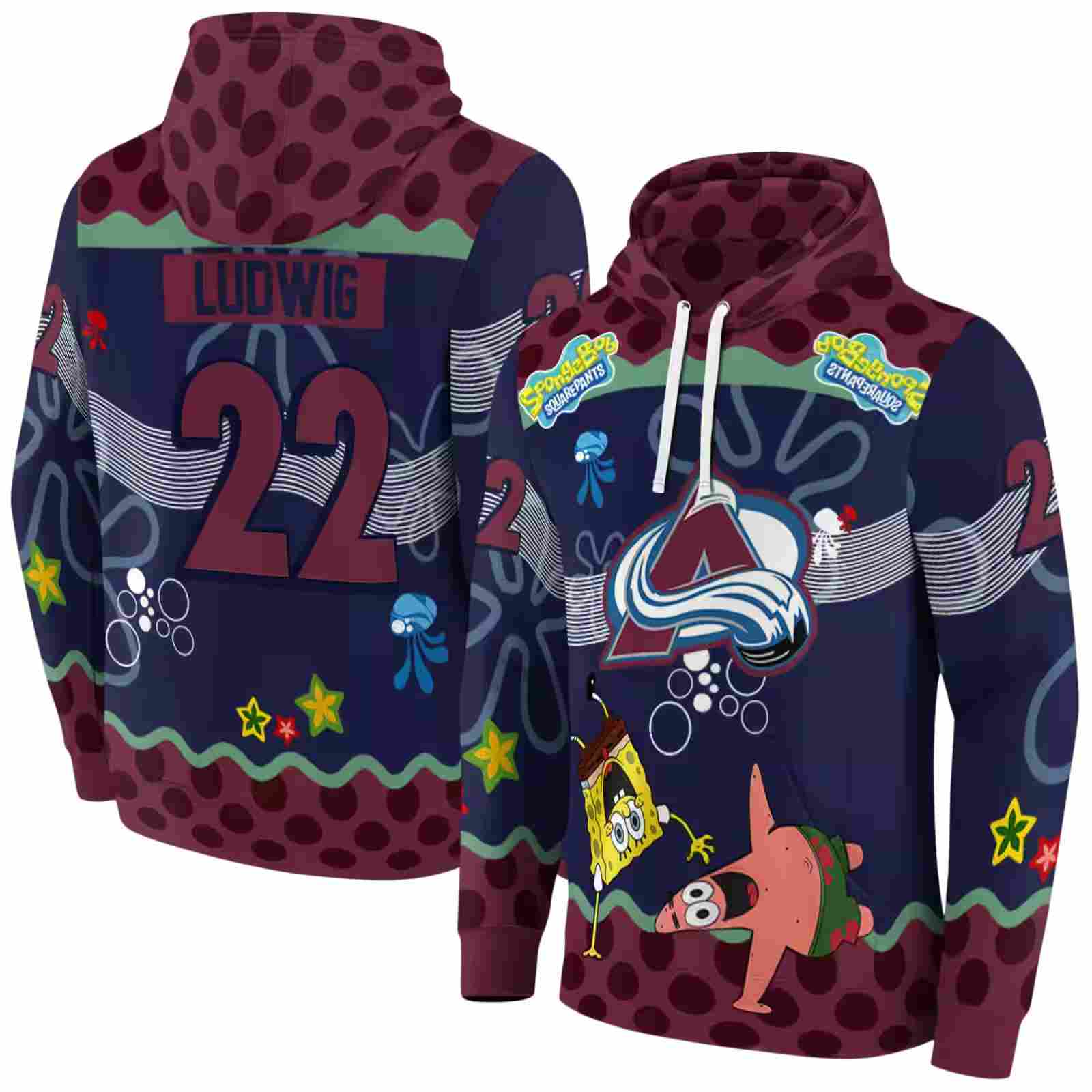 custom colorado avalanche spongebob patrick star burgundy navy hoodie fashion forward