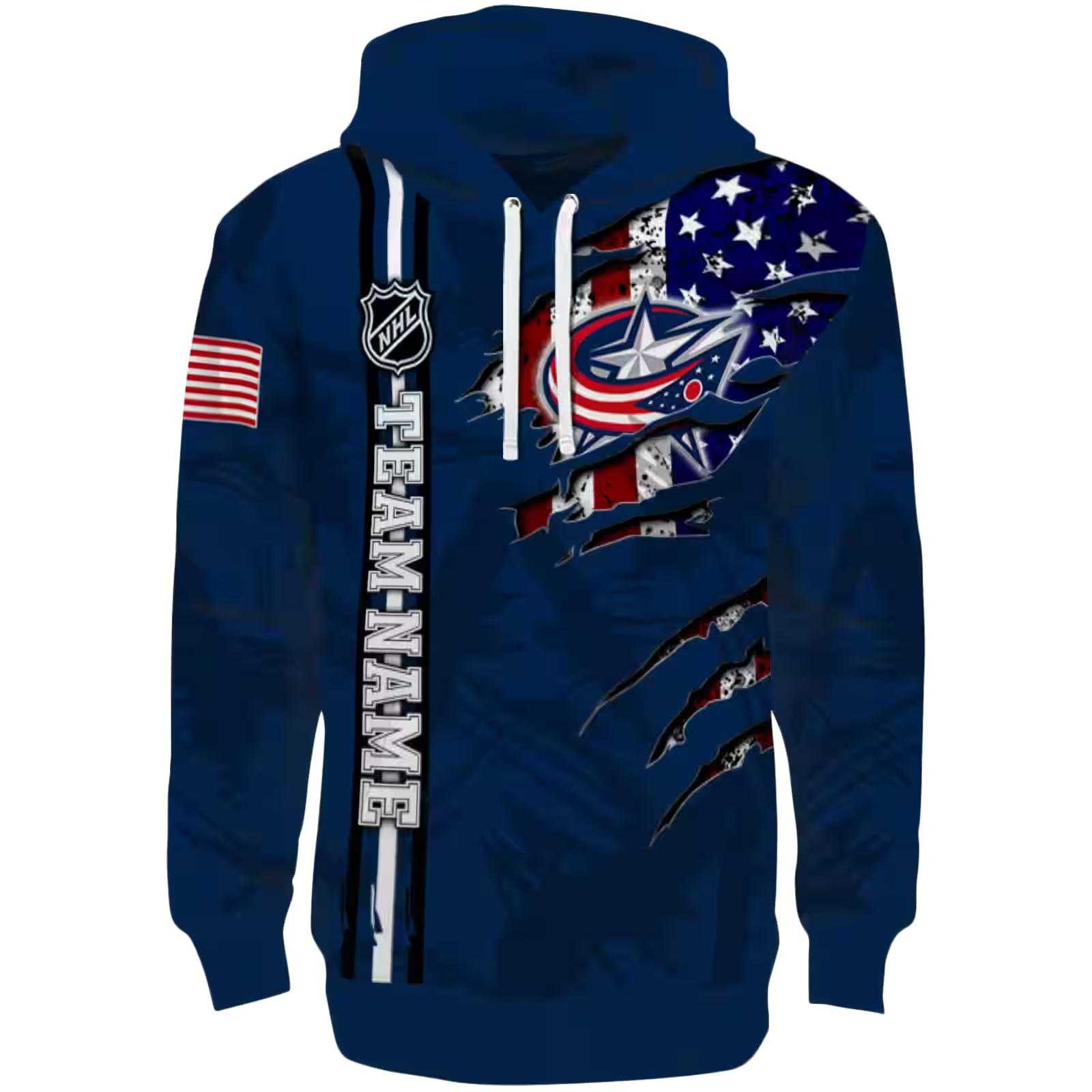 Custom Columbus Blue Jackets Ripped Flag Navy Blue Hoodie