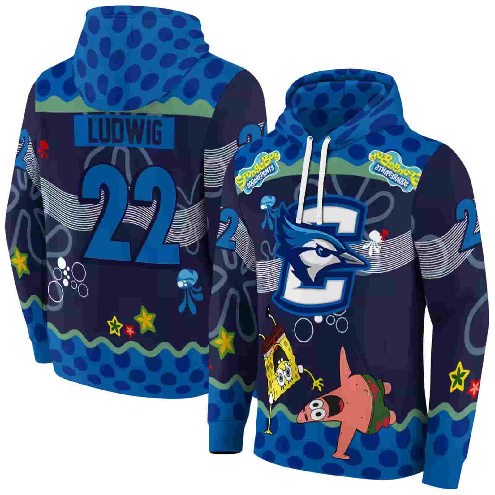 custom creighton bluejays spongebob patrick star blue navy hoodie fashion forward