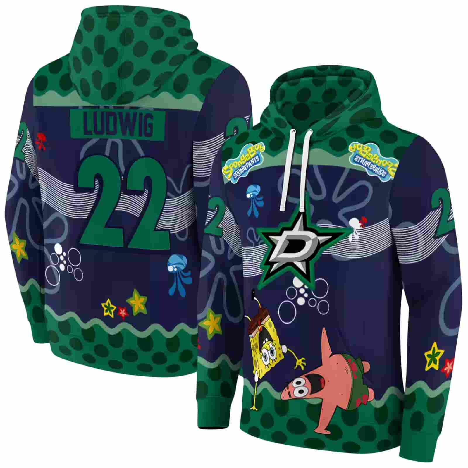 custom dallas stars spongebob patrick star green navy hoodie fashion forward