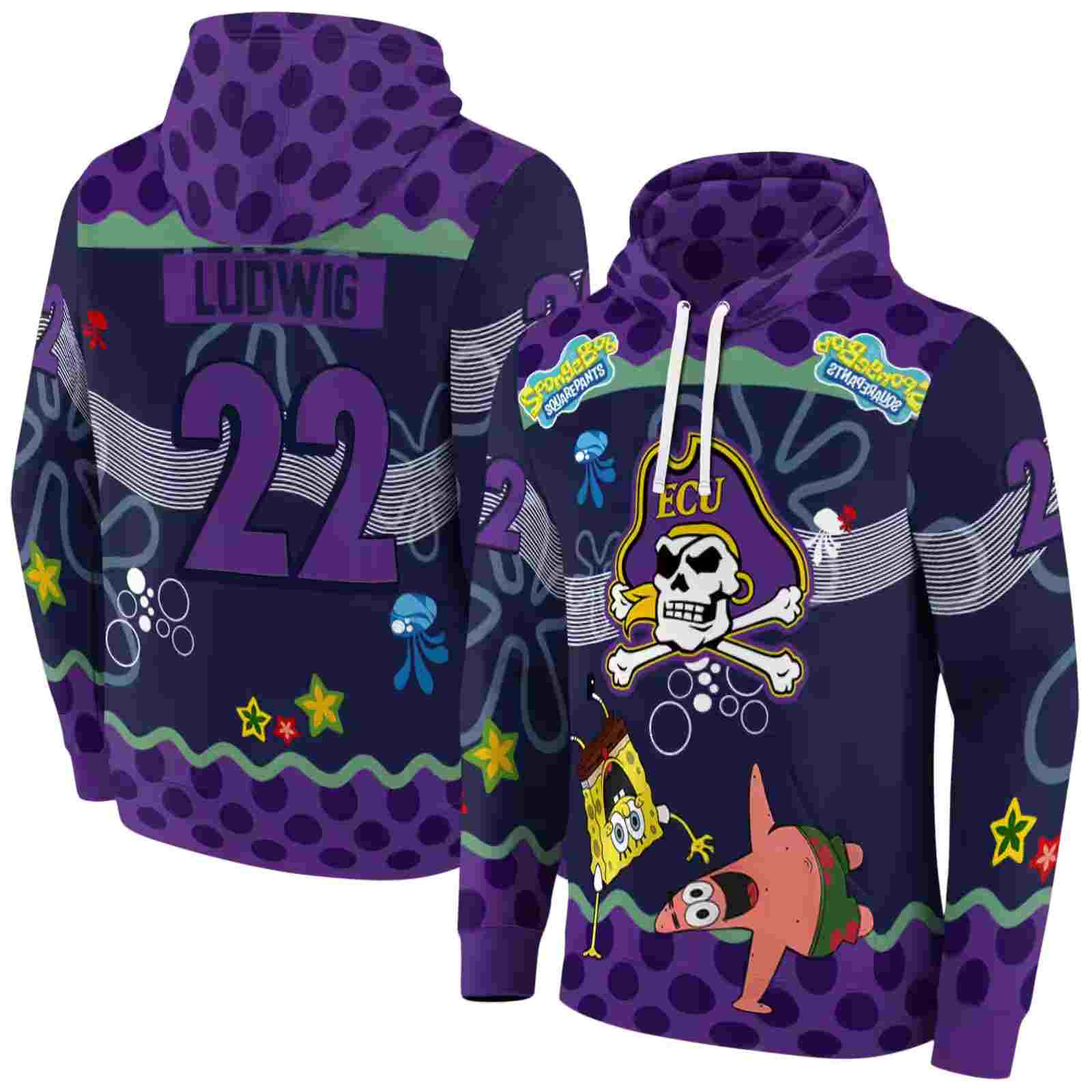 custom east carolina pirates spongebob patrick star purple navy hoodie fashion forward