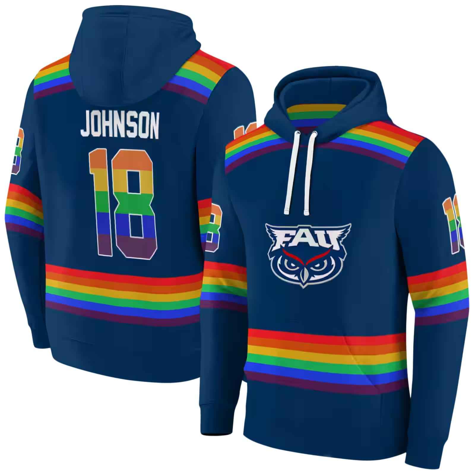 custom florida atlantic owls rainbow stripes blue hoodie fashion forward