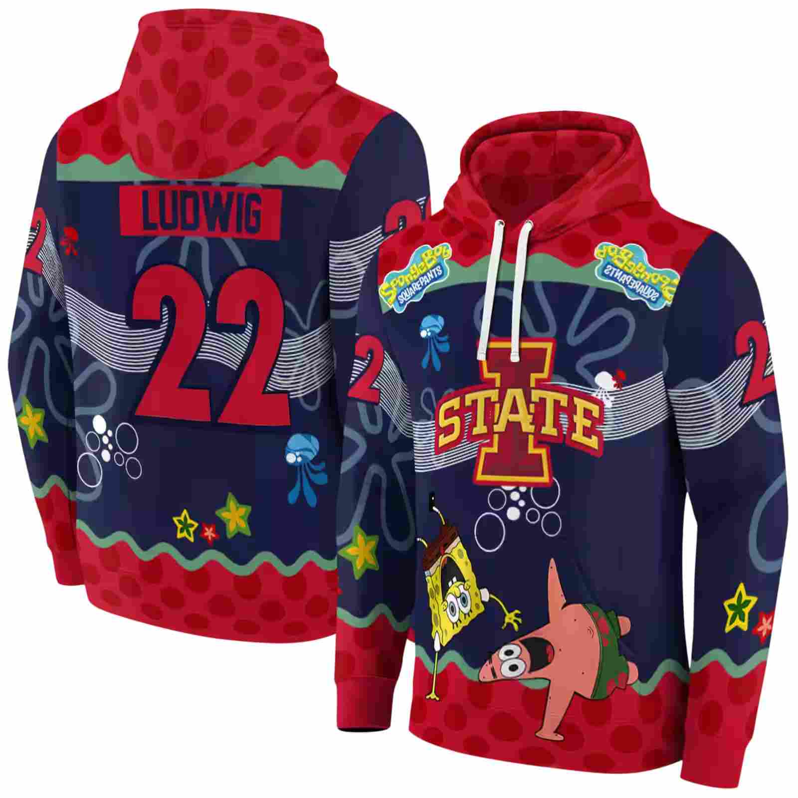 custom iowa state cyclones spongebob patrick star red navy hoodie fashion forward