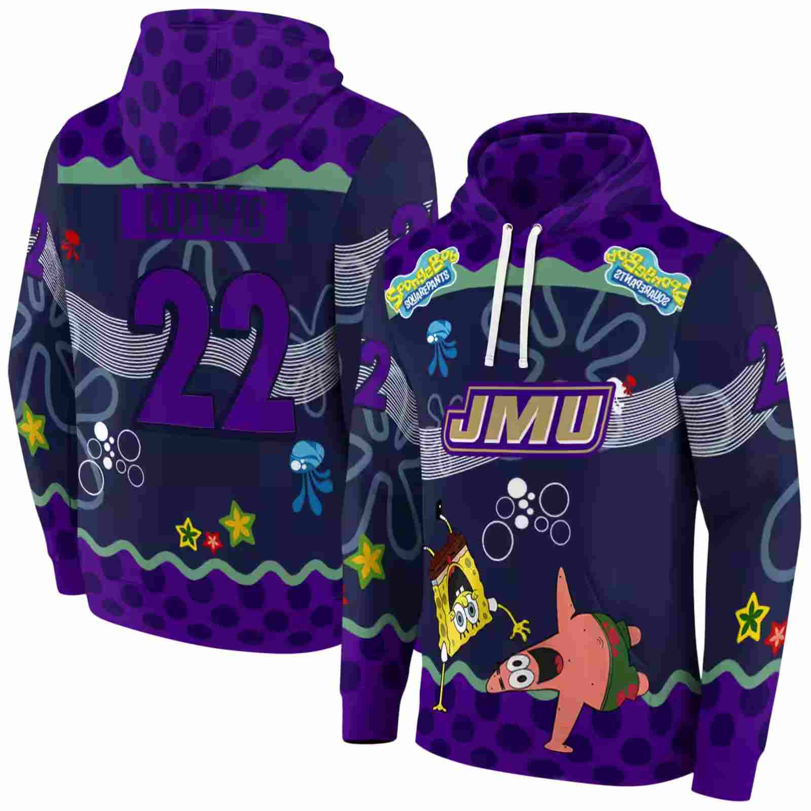 custom james madison dukes spongebob patrick star purple navy hoodie fashion forward
