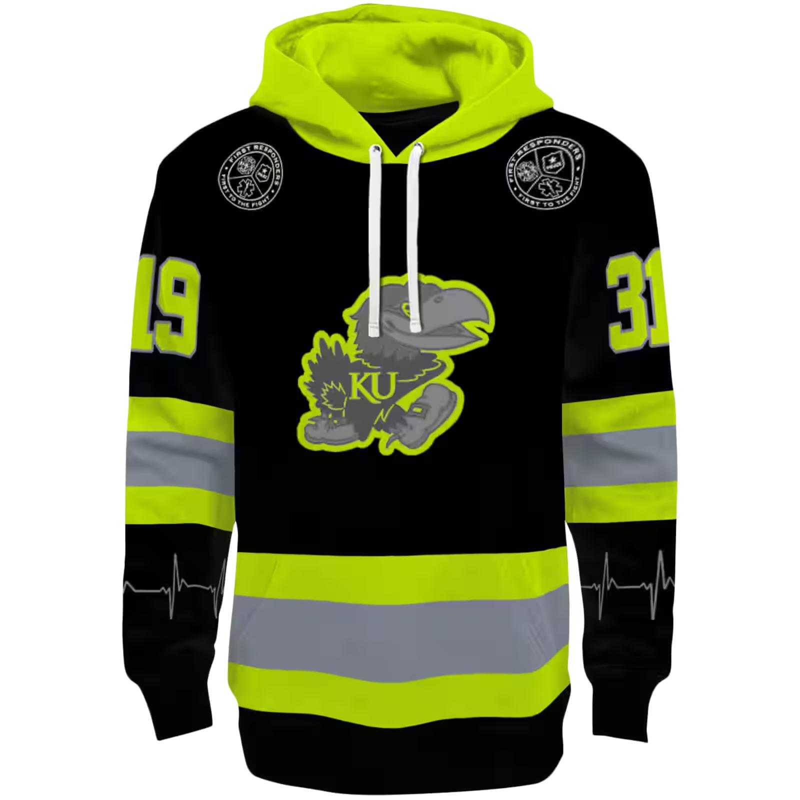 Custom Kansas Jayhawks Safety Motif Black Neon Green Hoodie