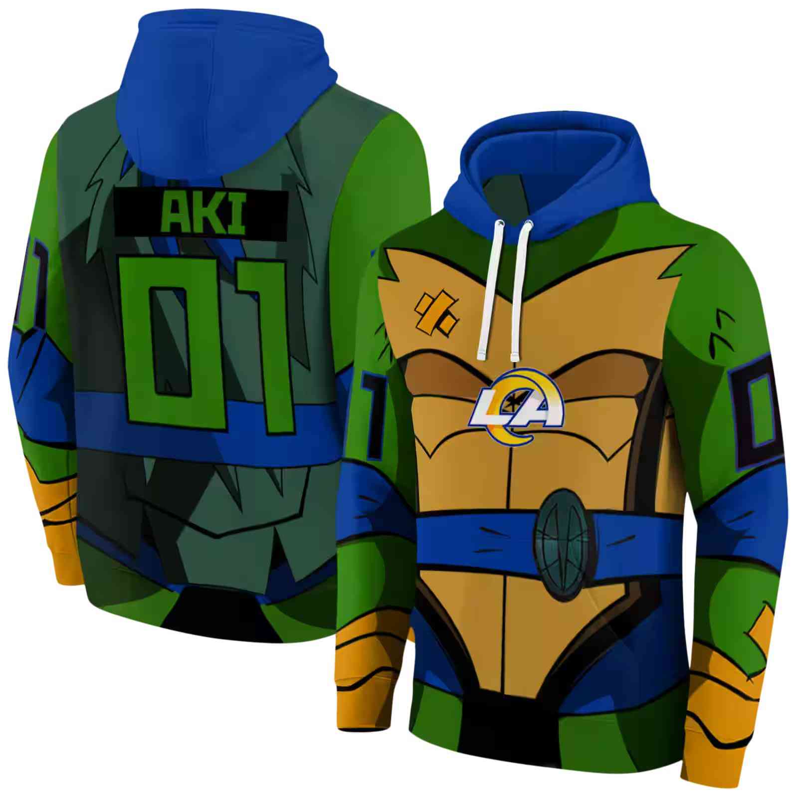 custom los angeles rams superhero armor blue green hoodie fashion forward