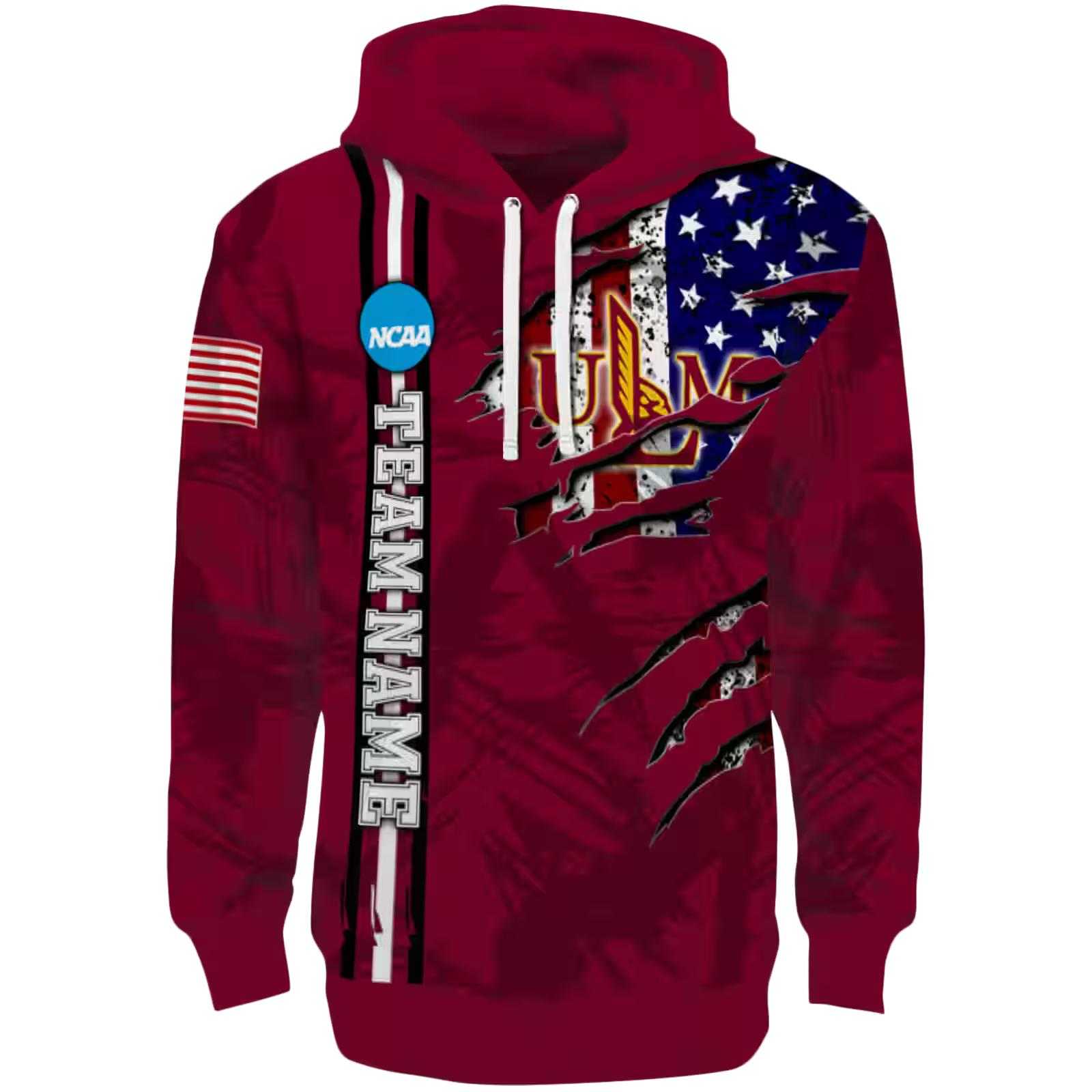 Custom Louisiana-Monroe Warhawks Ripped Flag Red Hoodie