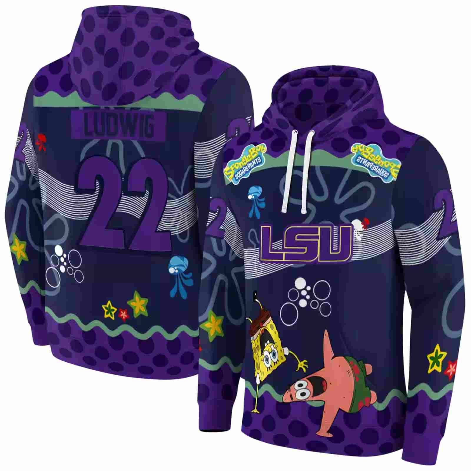 custom lsu tigers spongebob patrick star purple navy hoodie fashion forward