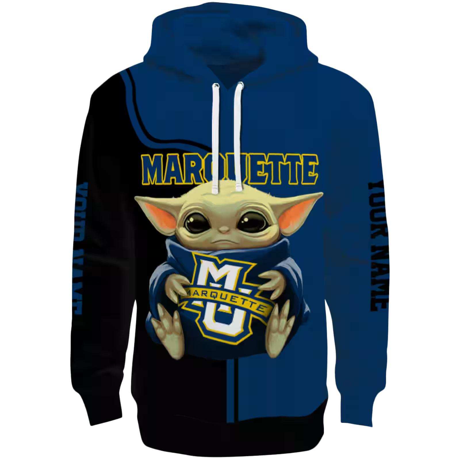 Custom Marquette Golden Eagles Baby Yoda Blue Black Hoodie