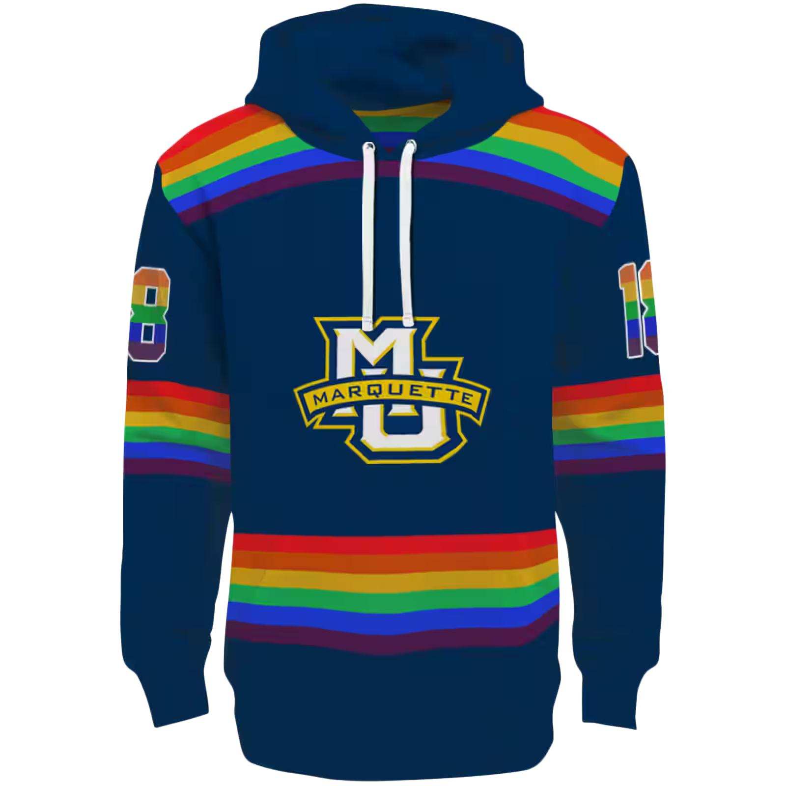 Custom Marquette Golden Eagles Rainbow Stripes Blue Hoodie