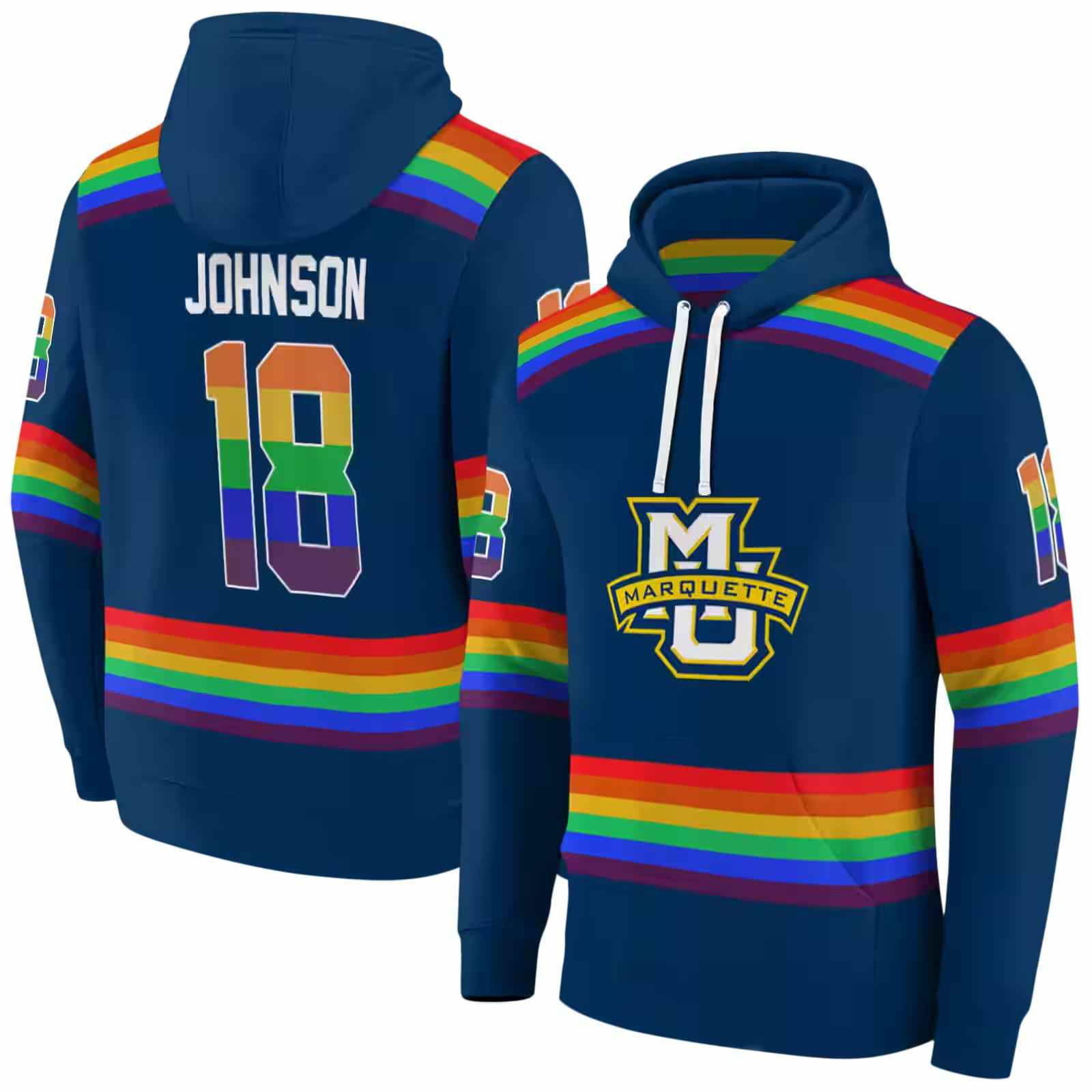 custom marquette golden eagles rainbow stripes blue hoodie fashion forward