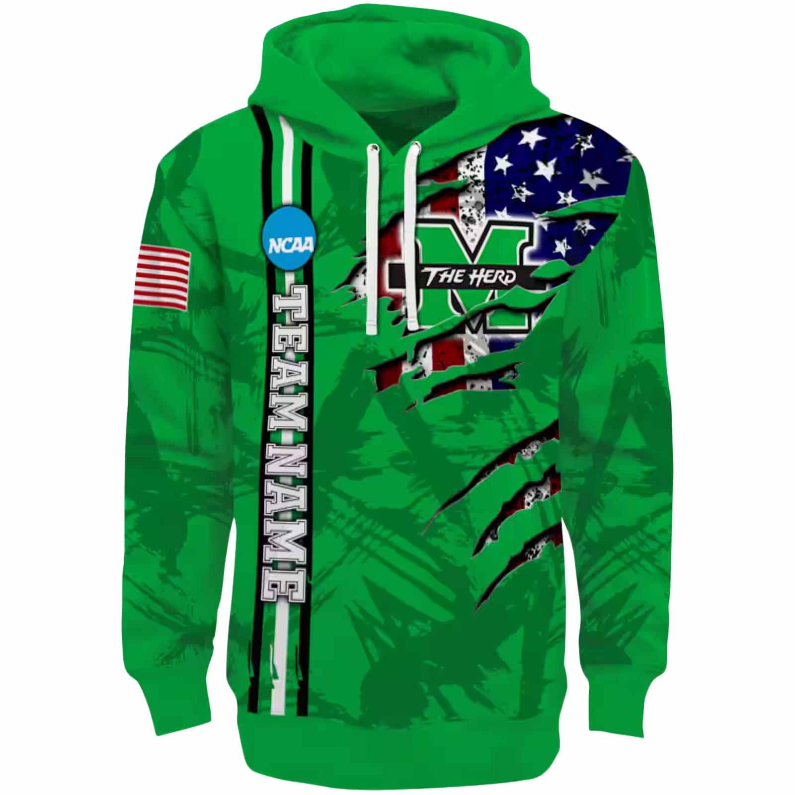 Custom Marshall Thundering Herd Ripped Flag Green Hoodie