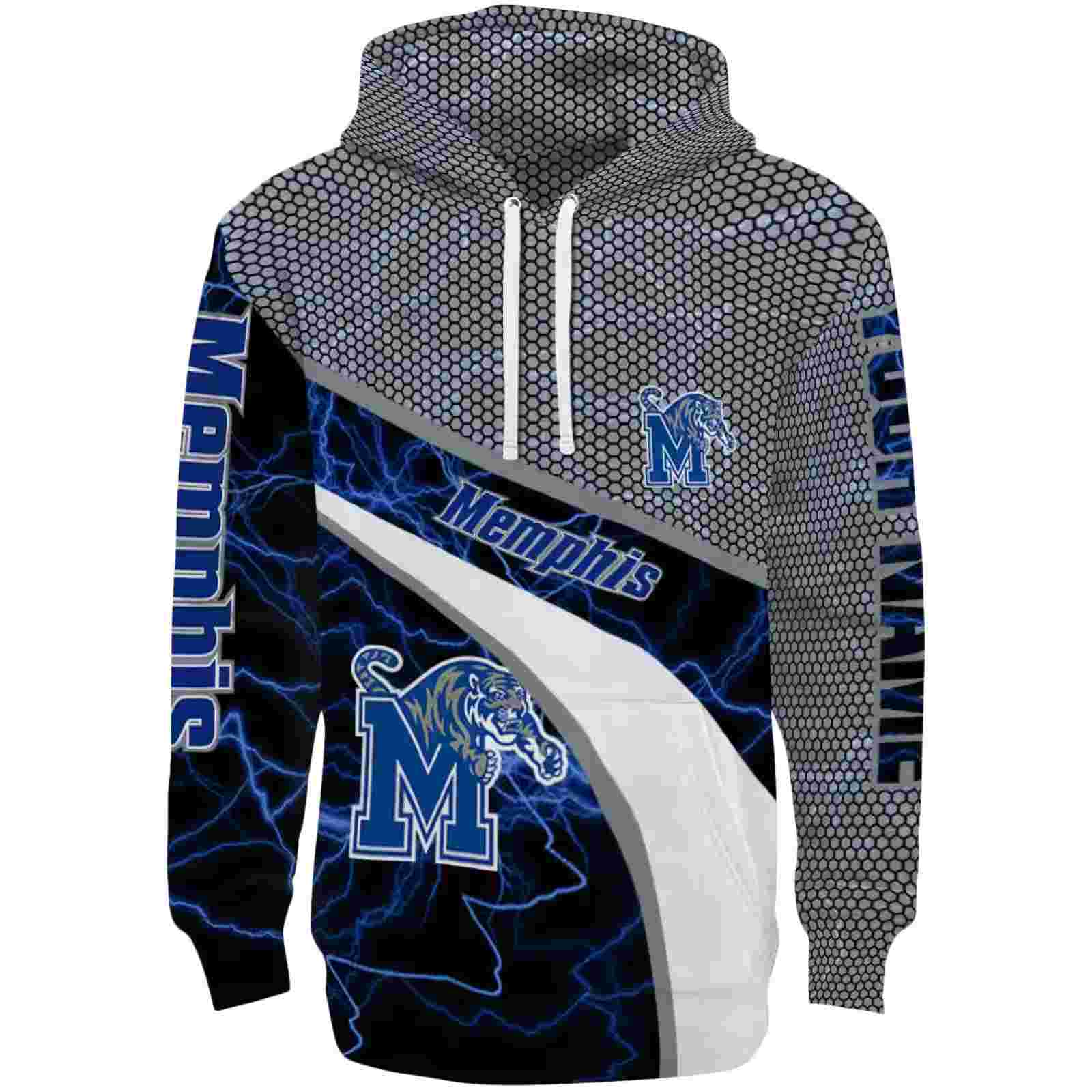 Custom Memphis Tigers Hexagonal Mesh Blue Black Gray Hoodie