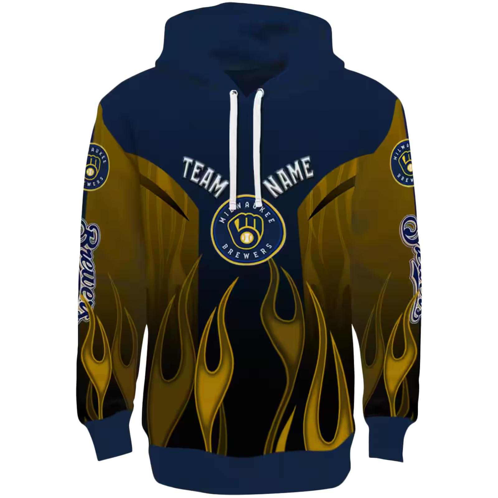 Custom Milwaukee Brewers Flame Design Navy Blue Hoodie