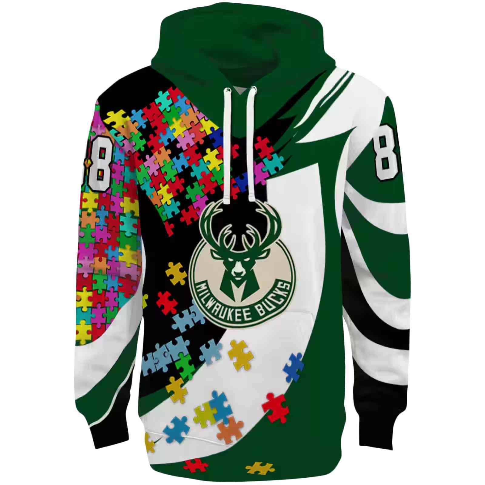 Custom Milwaukee Bucks Puzzle Pieces Green Hoodie