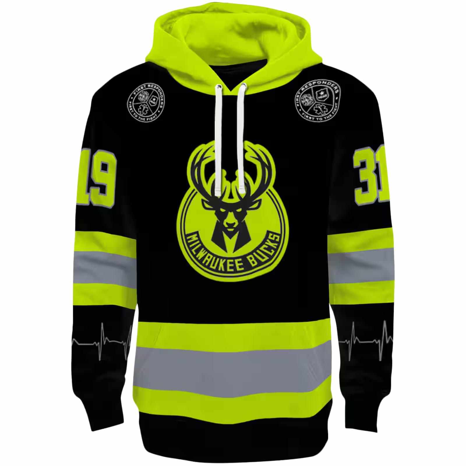 Custom Milwaukee Bucks Safety Motif Black Neon Green Hoodie