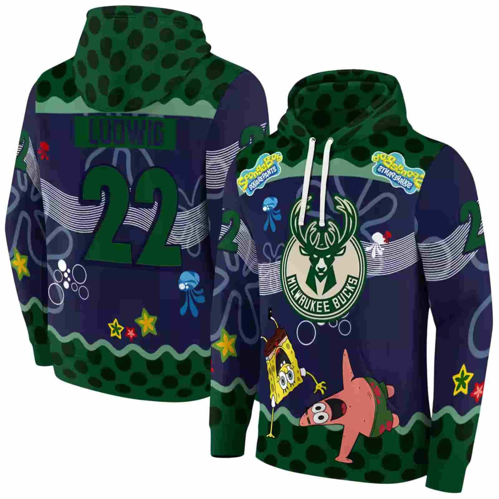 custom milwaukee bucks spongebob patrick star green navy hoodie fashion forward