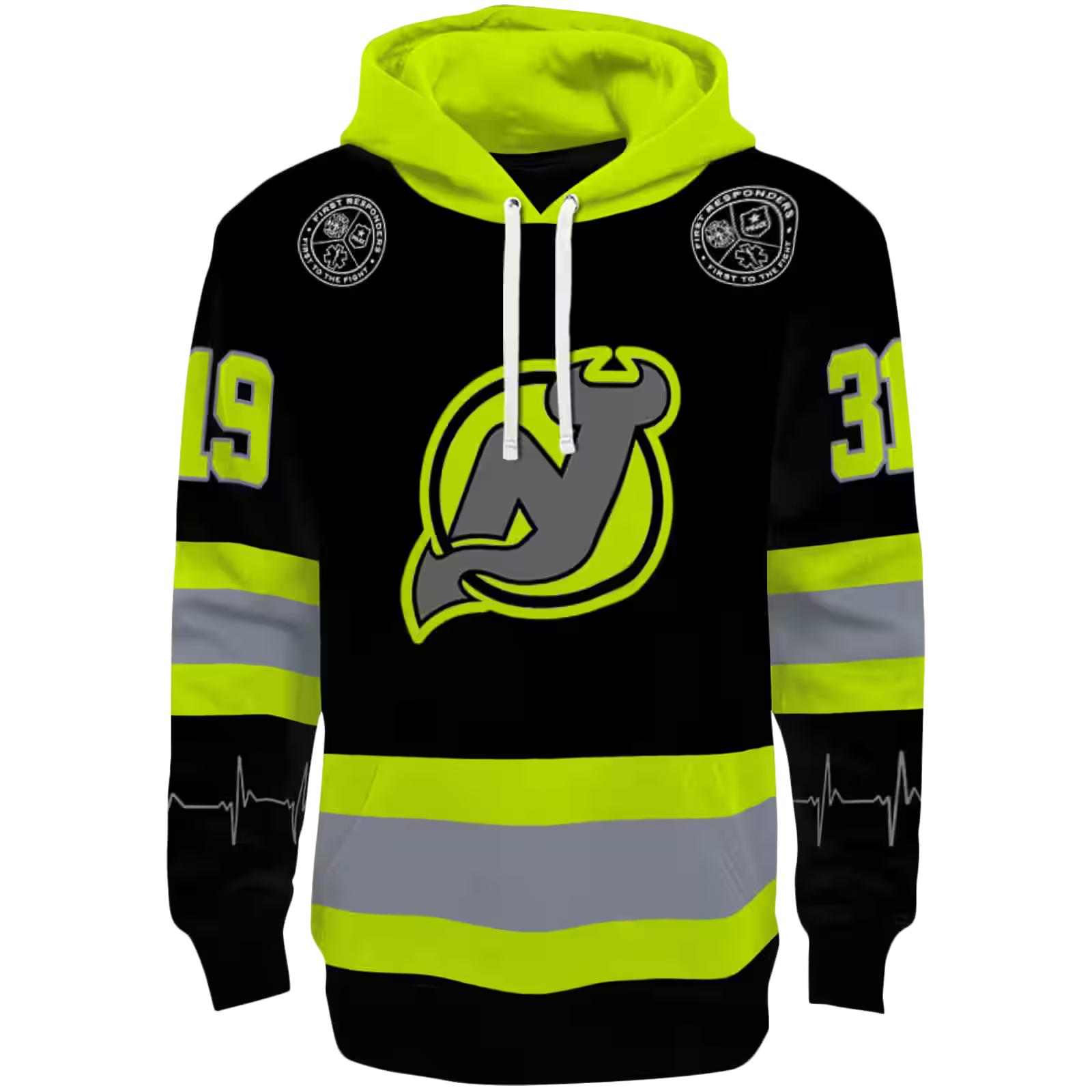 Custom New Jersey Devils Safety Motif Black Neon Green Hoodie