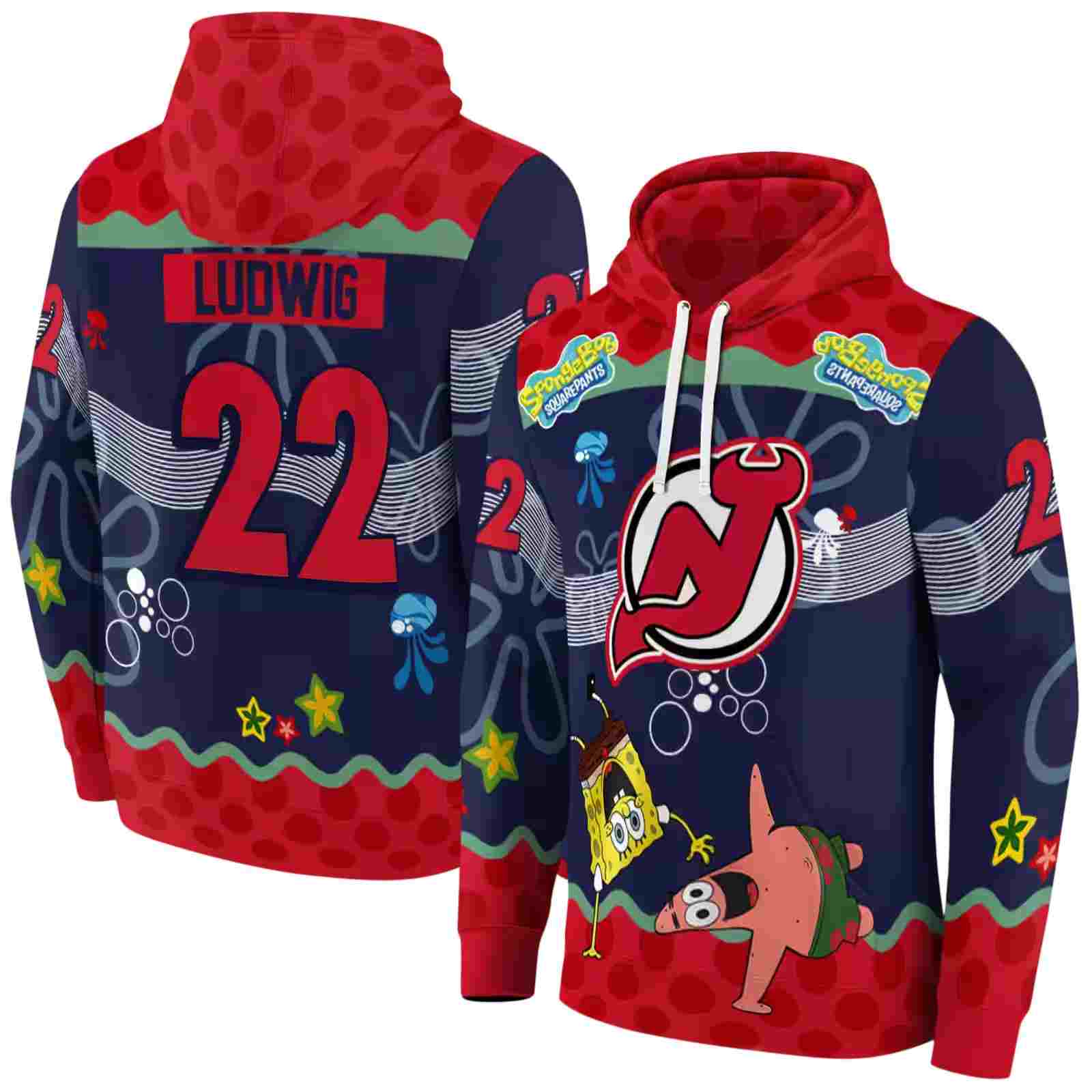 custom new jersey devils spongebob patrick star red navy hoodie fashion forward