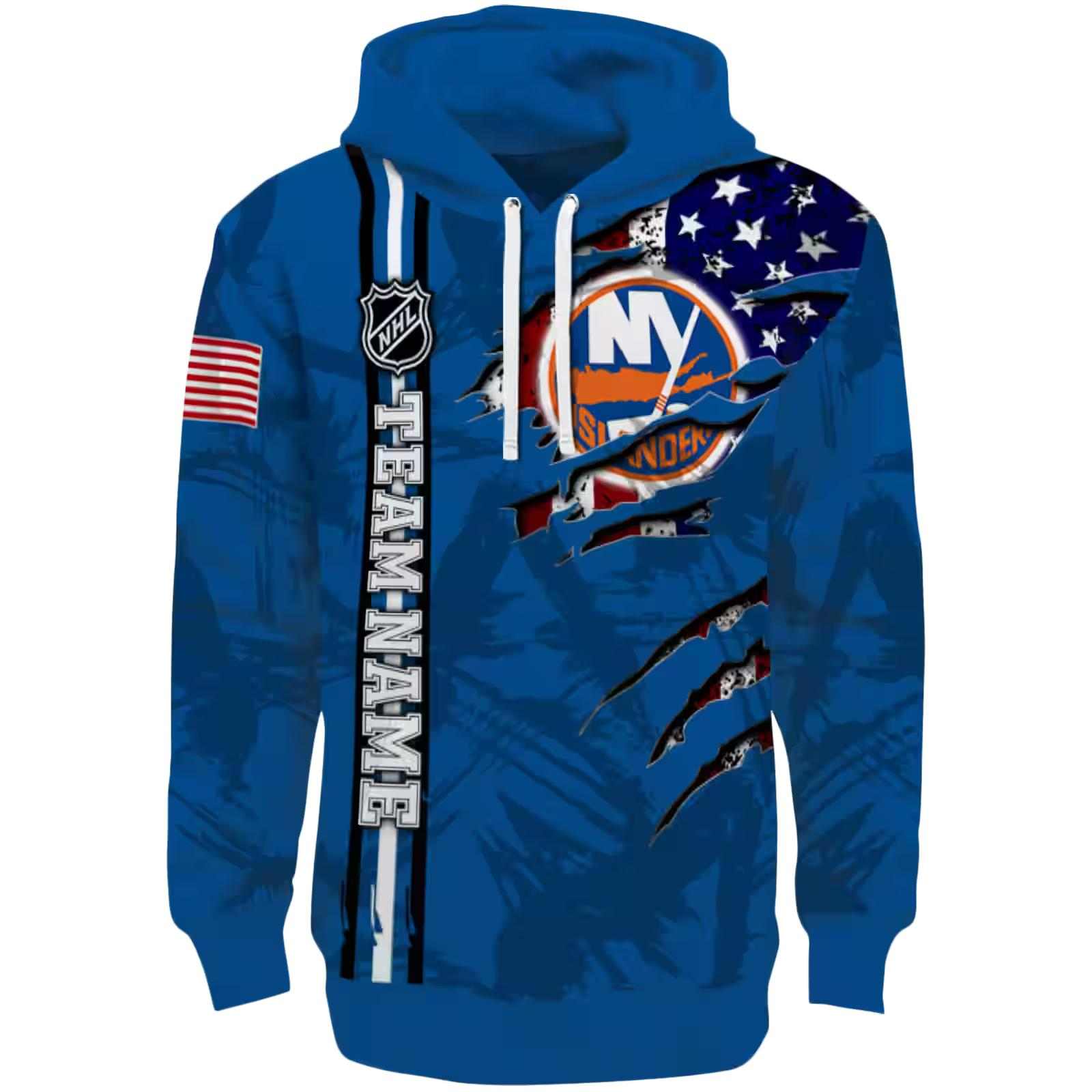 Custom New York Islanders Ripped Flag Blue Hoodie