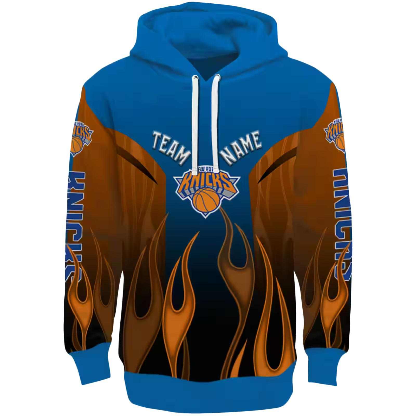 Custom New York Knicks Flame Design Blue Hoodie