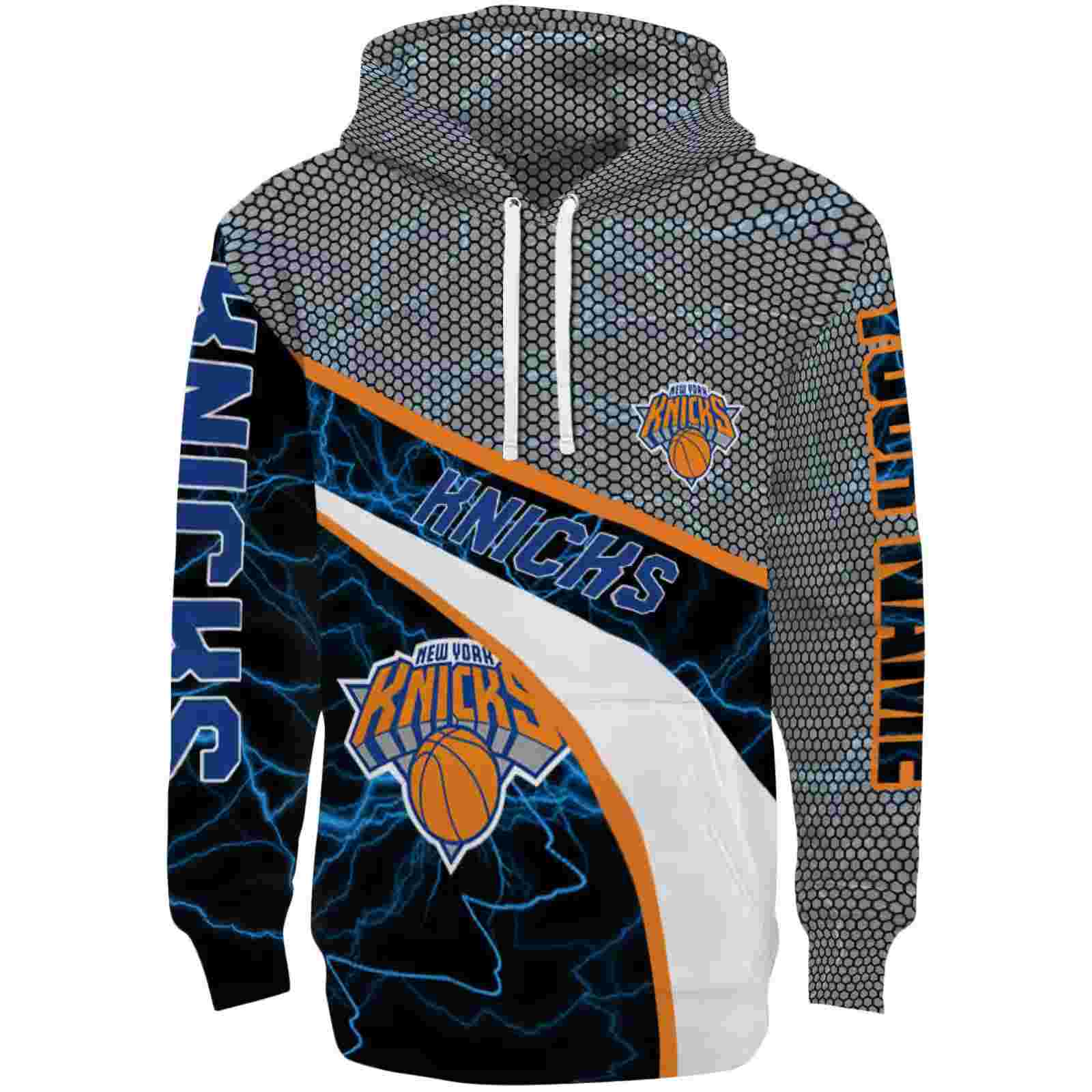 Custom New York Knicks Hexagonal Mesh Blue Black Gray Hoodie