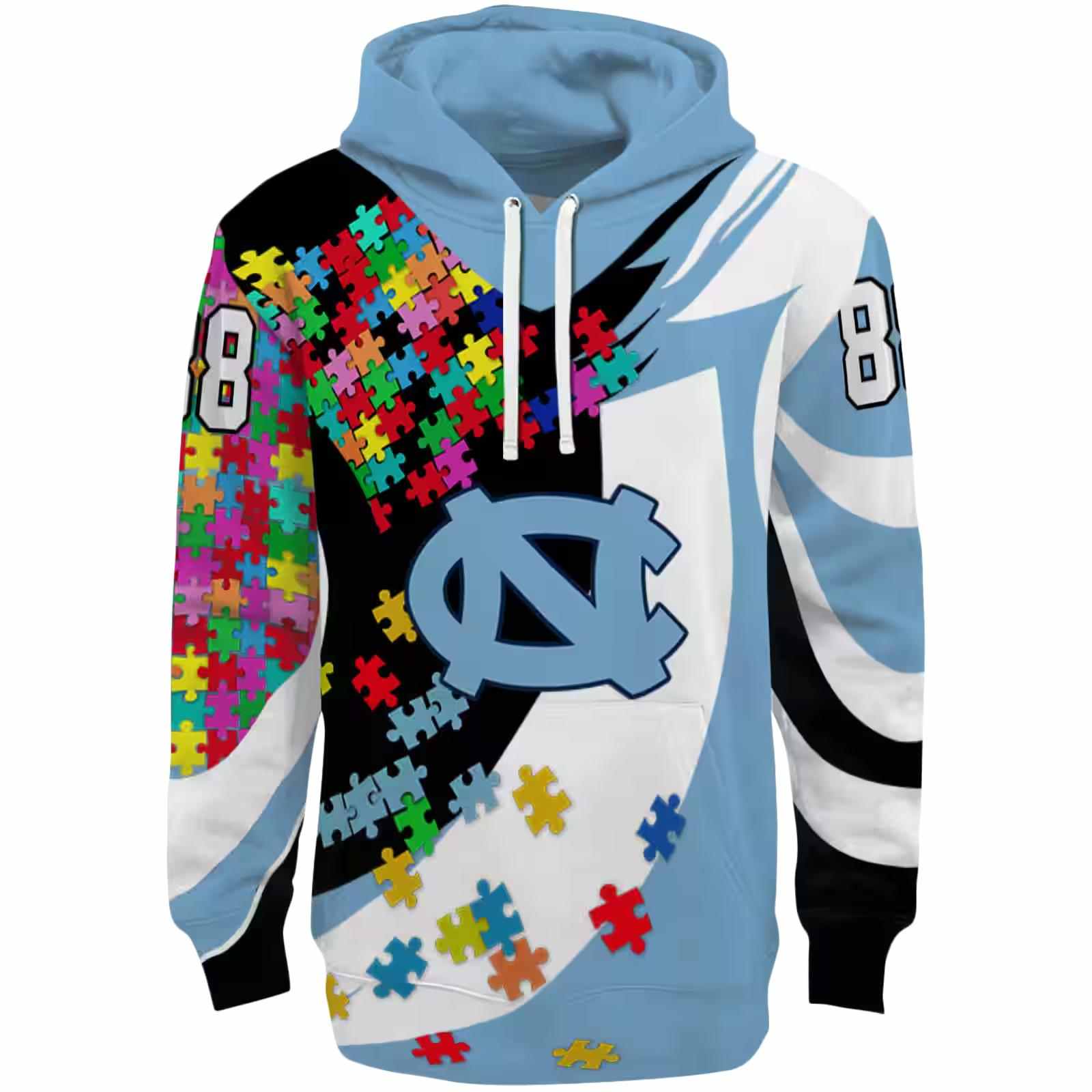 Custom North Carolina Tar Heels Puzzle Pieces Light Blue Hoodie