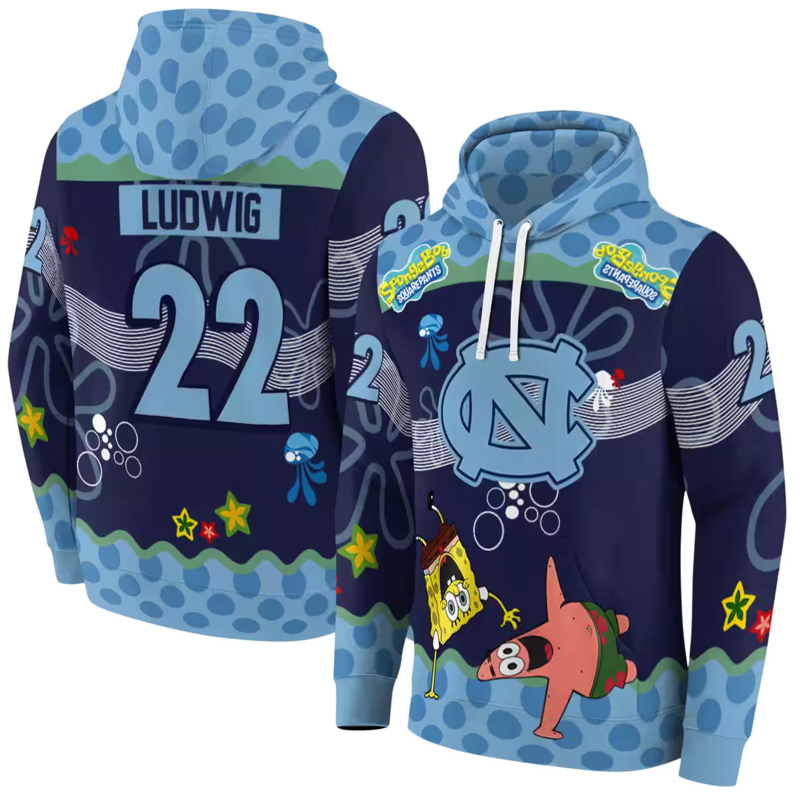 custom north carolina tar heels spongebob patrick star light blue navy hoodie fashion forward