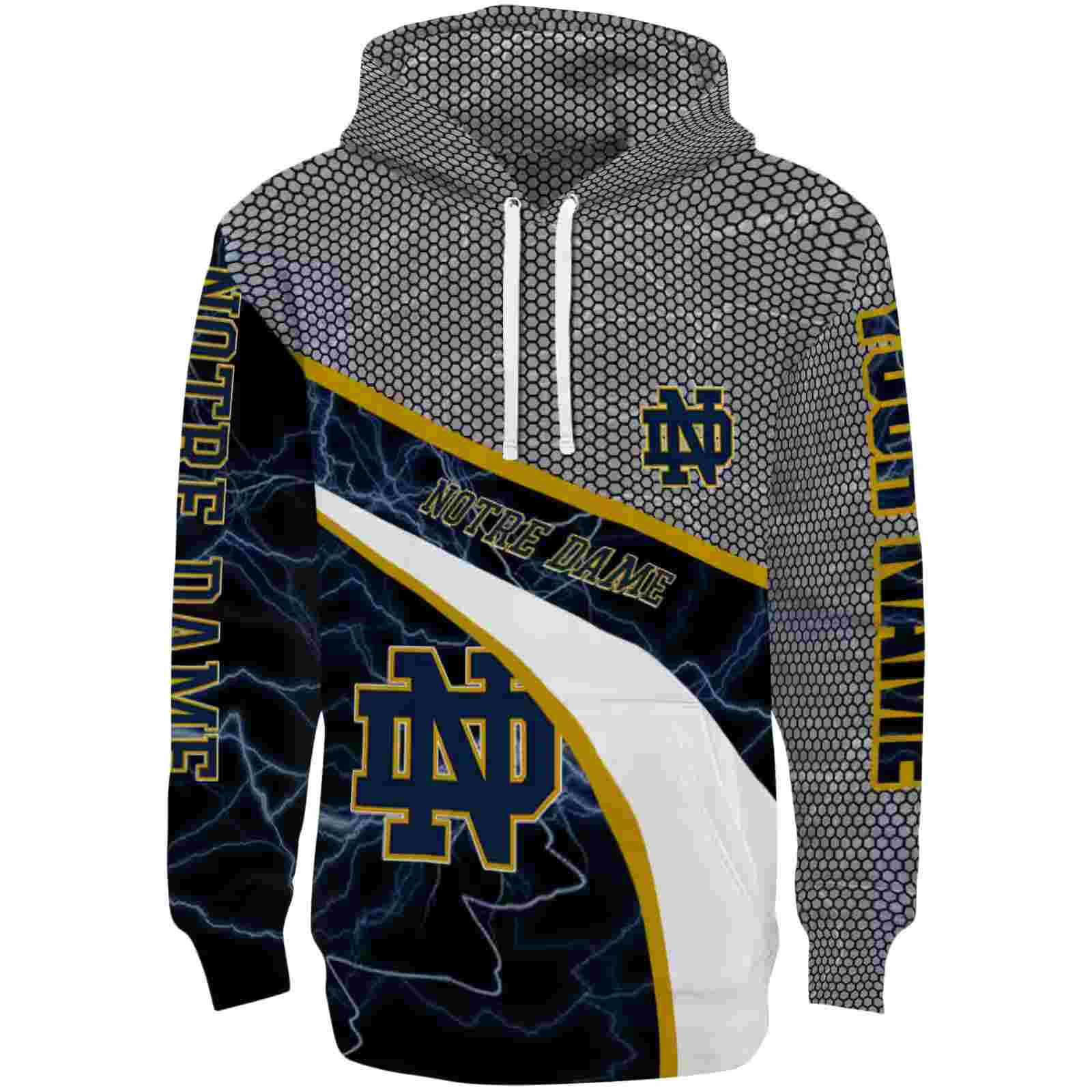 Custom Notre Dame Fighting Irish Hexagonal Mesh Navy Black Gray Hoodie