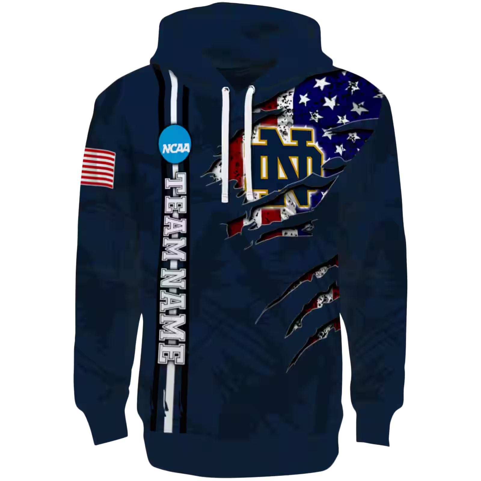 Custom Notre Dame Fighting Irish Ripped Flag Navy Hoodie