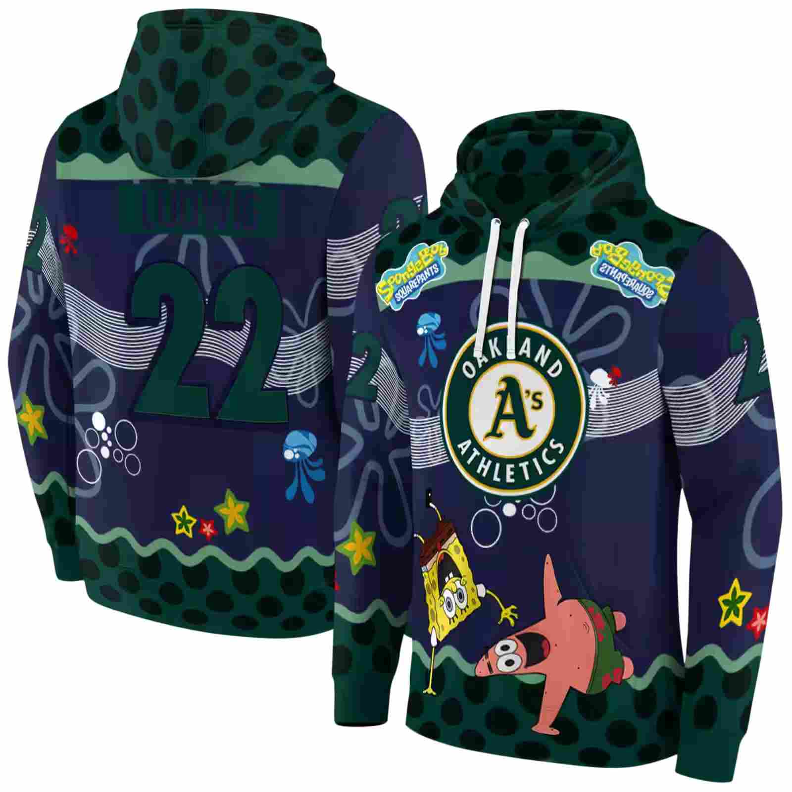 custom oakland athletics spongebob patrick star green navy hoodie fashion forward