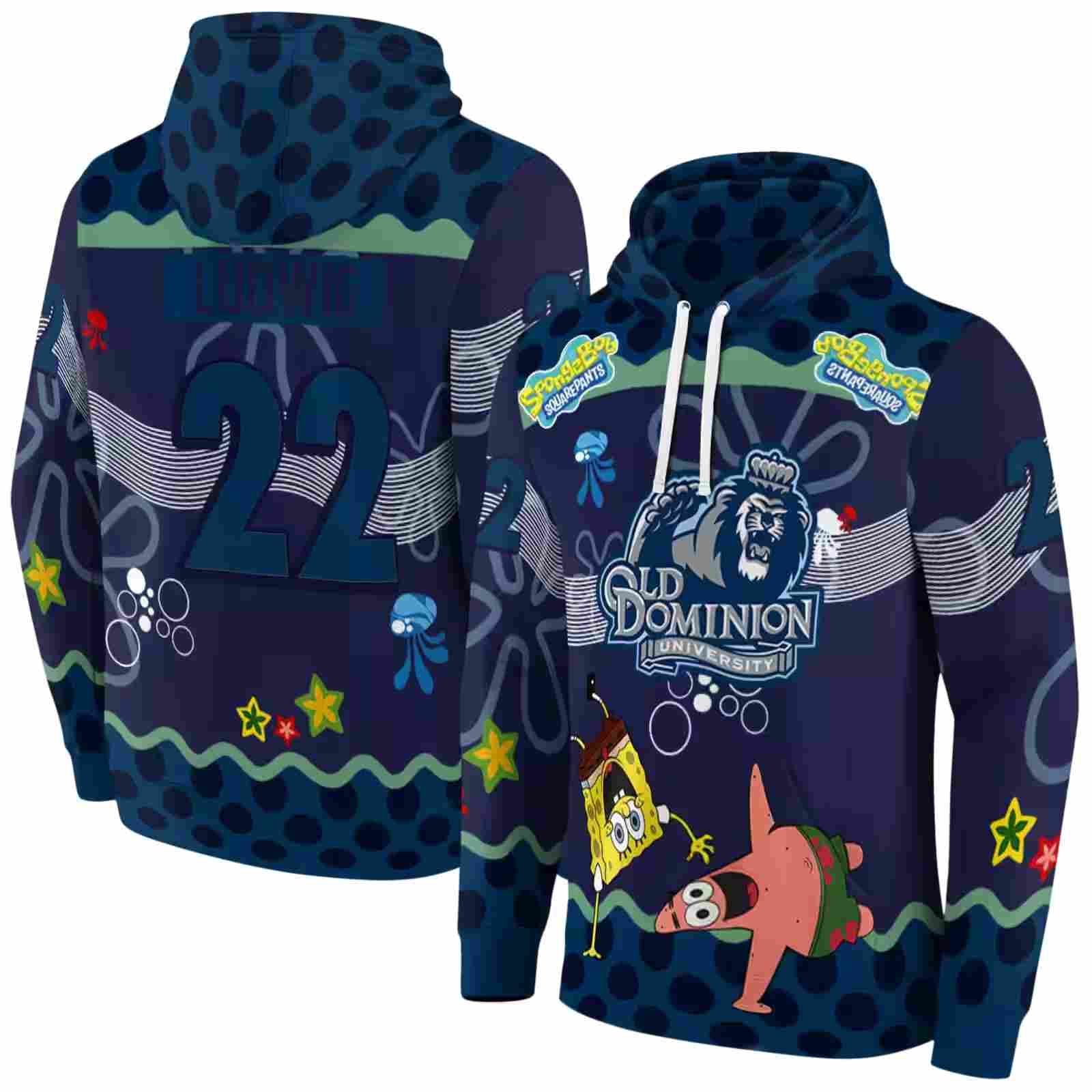 custom old dominion monarchs spongebob patrick star blue navy hoodie fashion forward