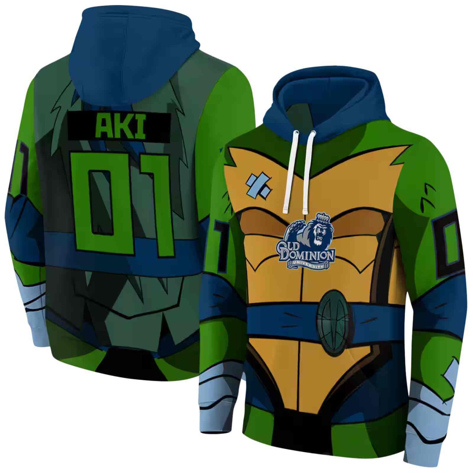 custom old dominion monarchs superhero armor blue green hoodie fashion forward