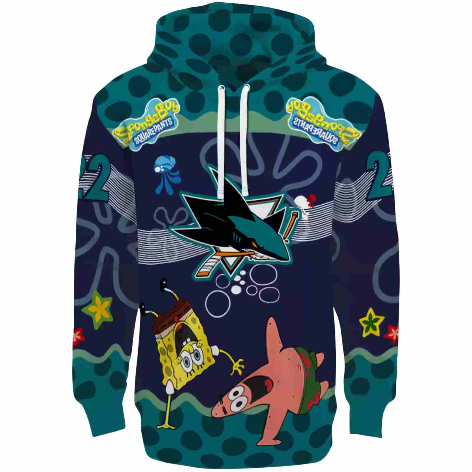 Custom San Jose Sharks Spongebob Patrick Star Teal Navy Hoodie