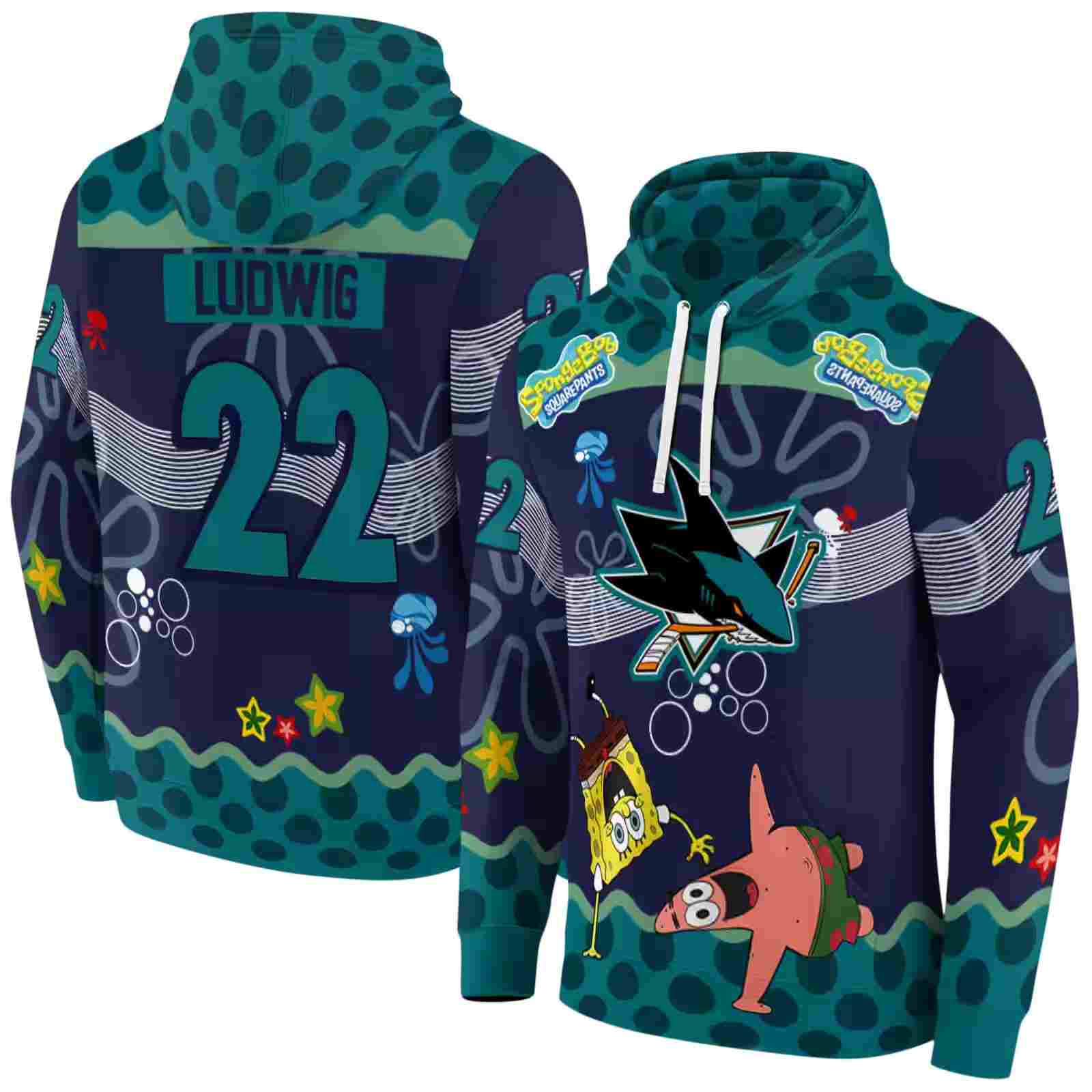 custom san jose sharks spongebob patrick star teal navy hoodie fashion forward