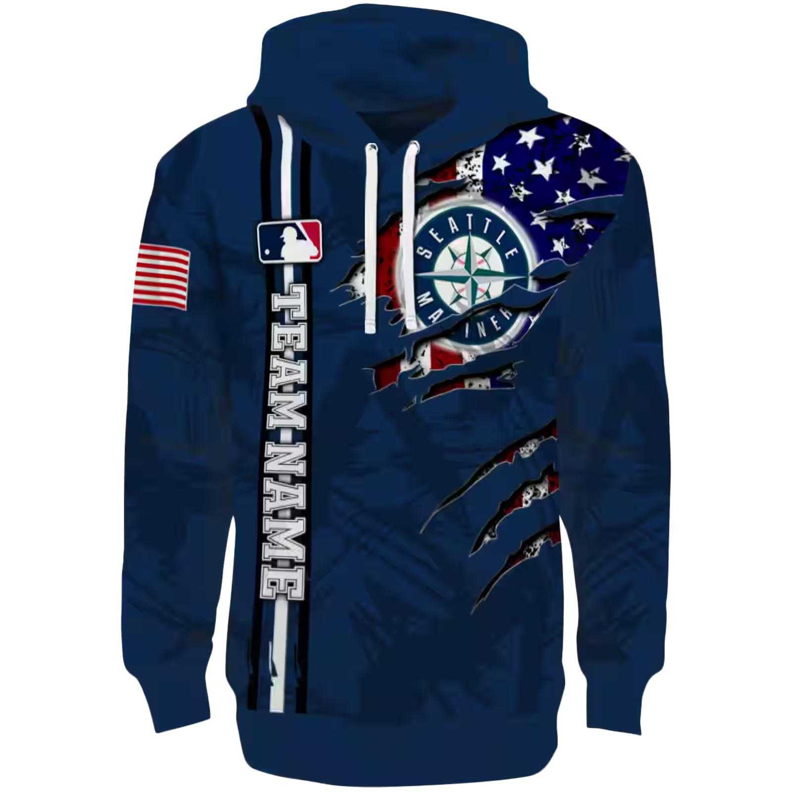 Custom Seattle Mariners Ripped Flag Navy Blue Hoodie