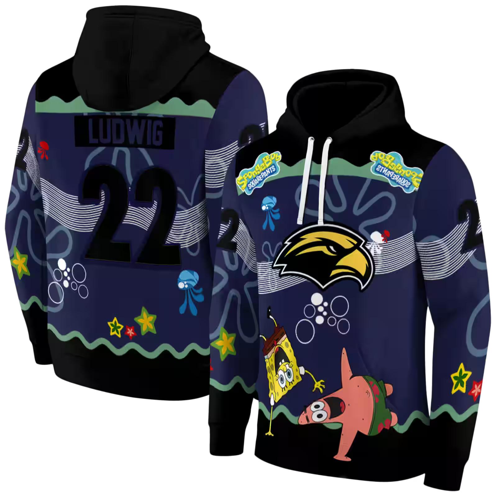 custom southern miss golden eagles spongebob patrick star black navy hoodie fashion forward