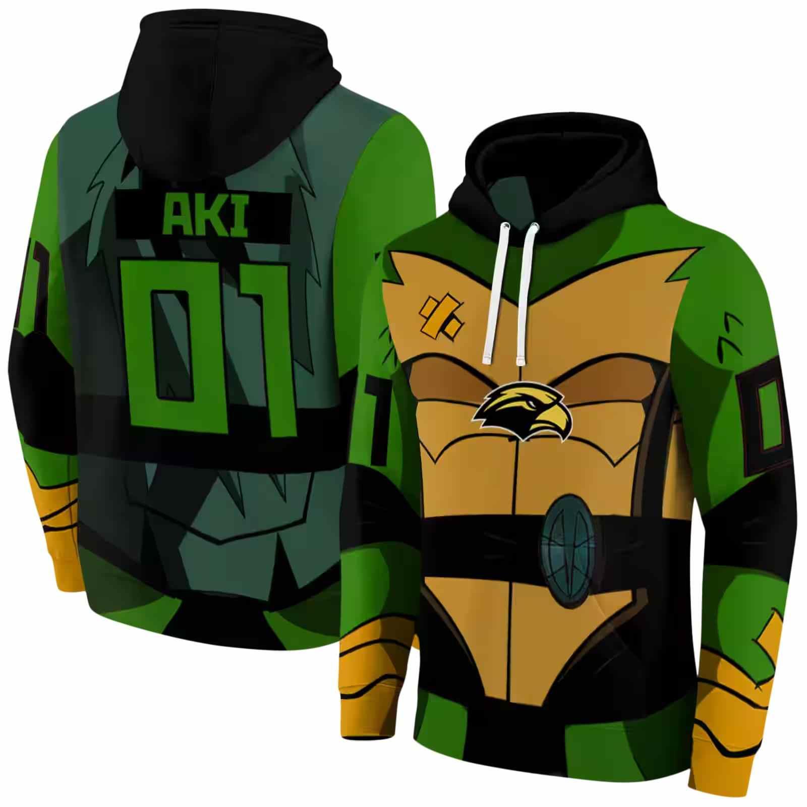 custom southern miss golden eagles superhero armor black green hoodie fashion forward