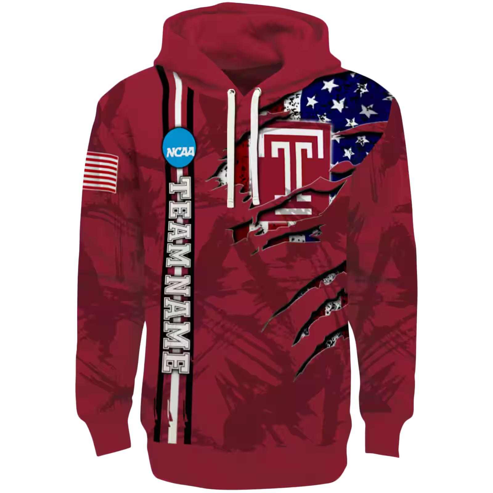 Custom Temple Owls Ripped Flag Red Hoodie