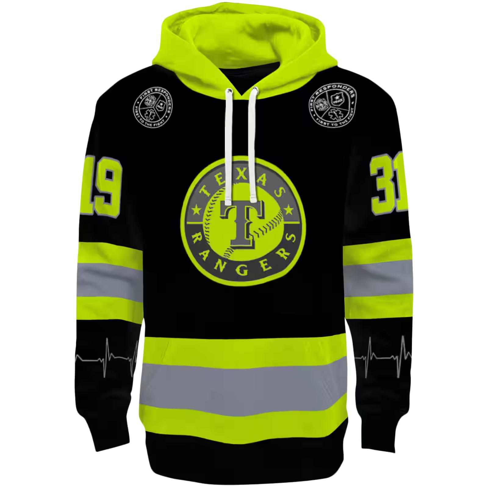 Custom Texas Rangers Safety Motif Black Neon Green Hoodie