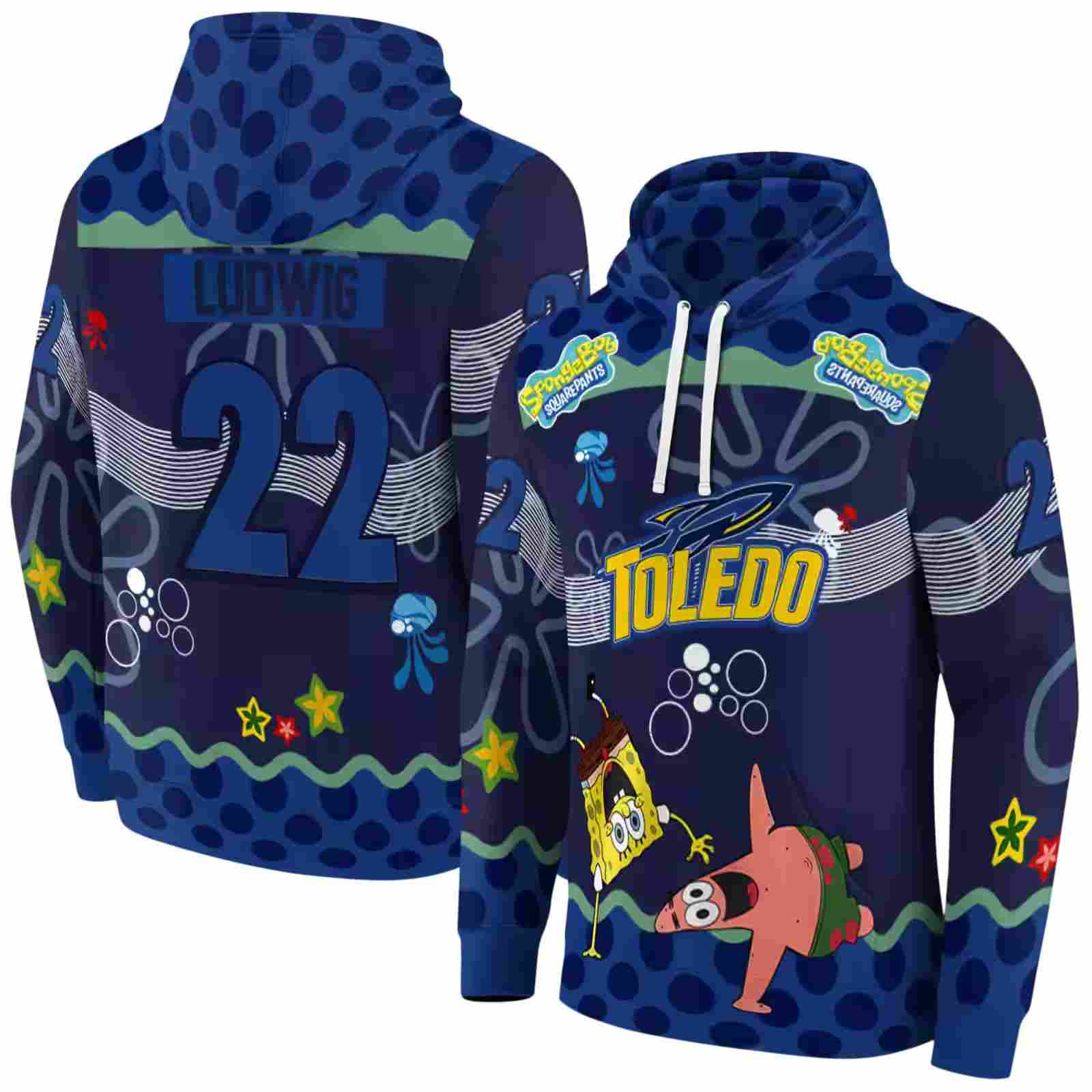 custom toledo rockets spongebob patrick star blue navy hoodie fashion forward