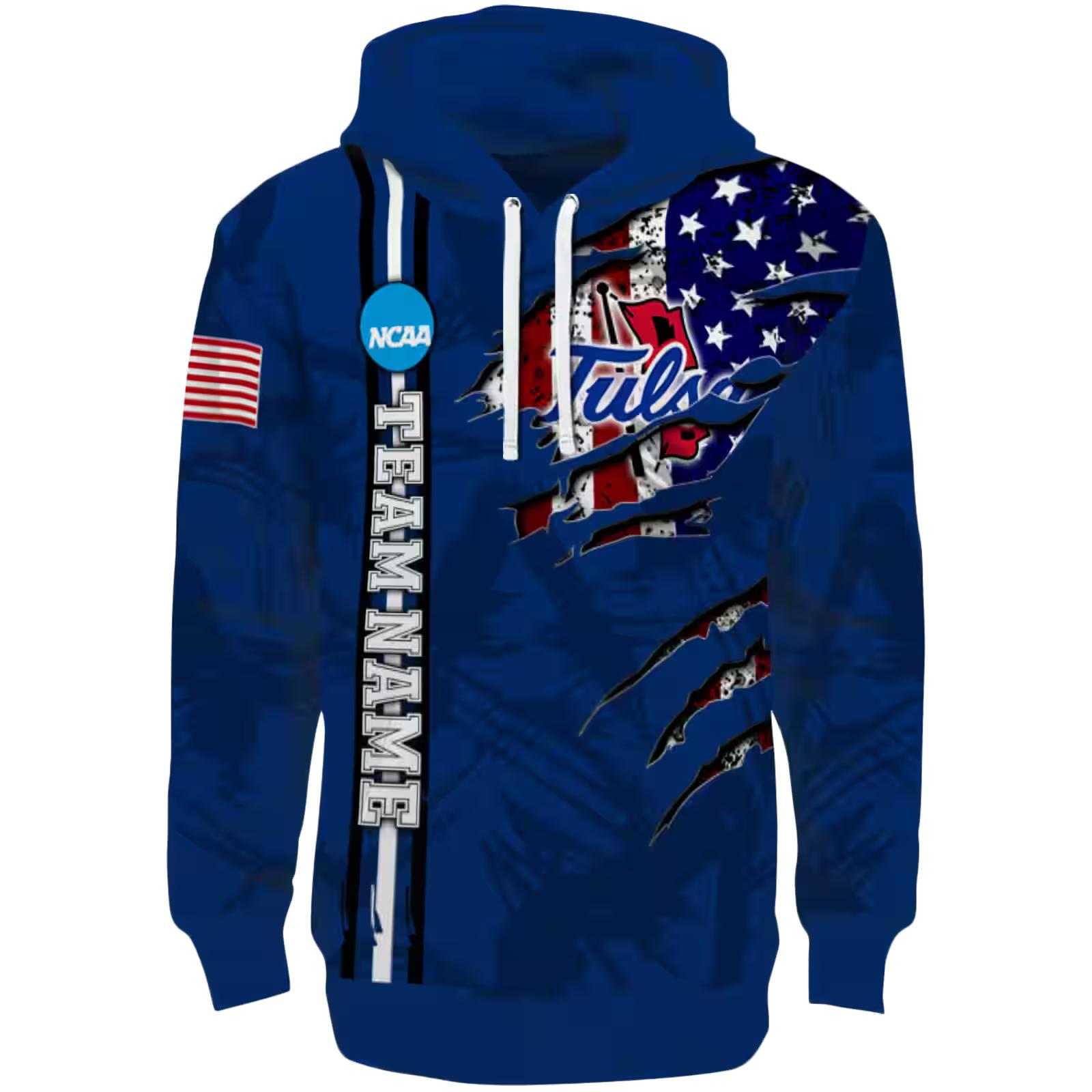 Custom Tulsa Golden Hurricane Ripped Flag Blue Hoodie