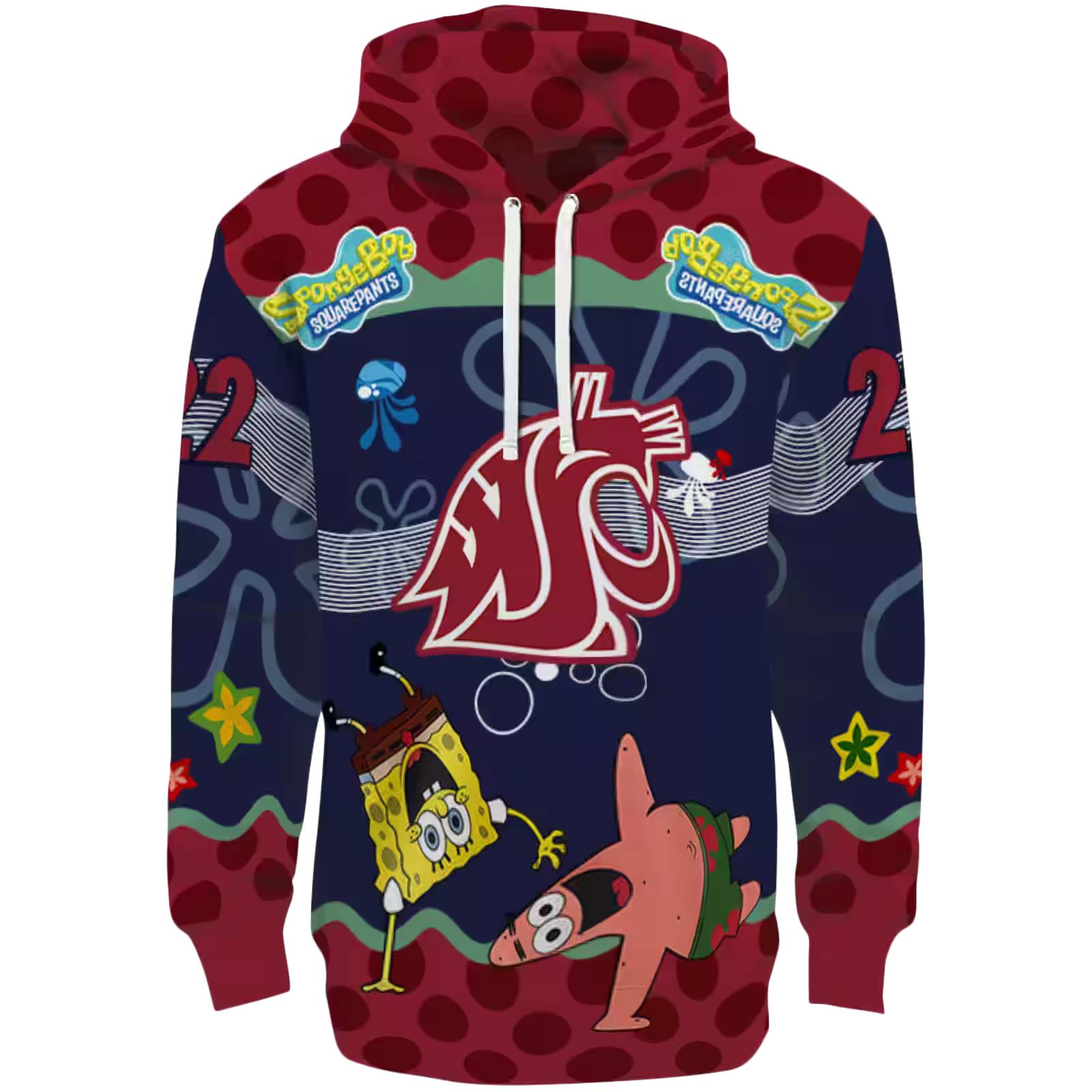 Custom Washington State Cougars Spongebob Patrick Star Crimson Navy Hoodie