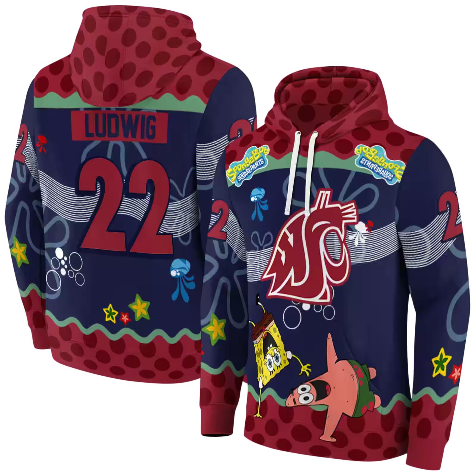 custom washington state cougars spongebob patrick star crimson navy hoodie fashion forward